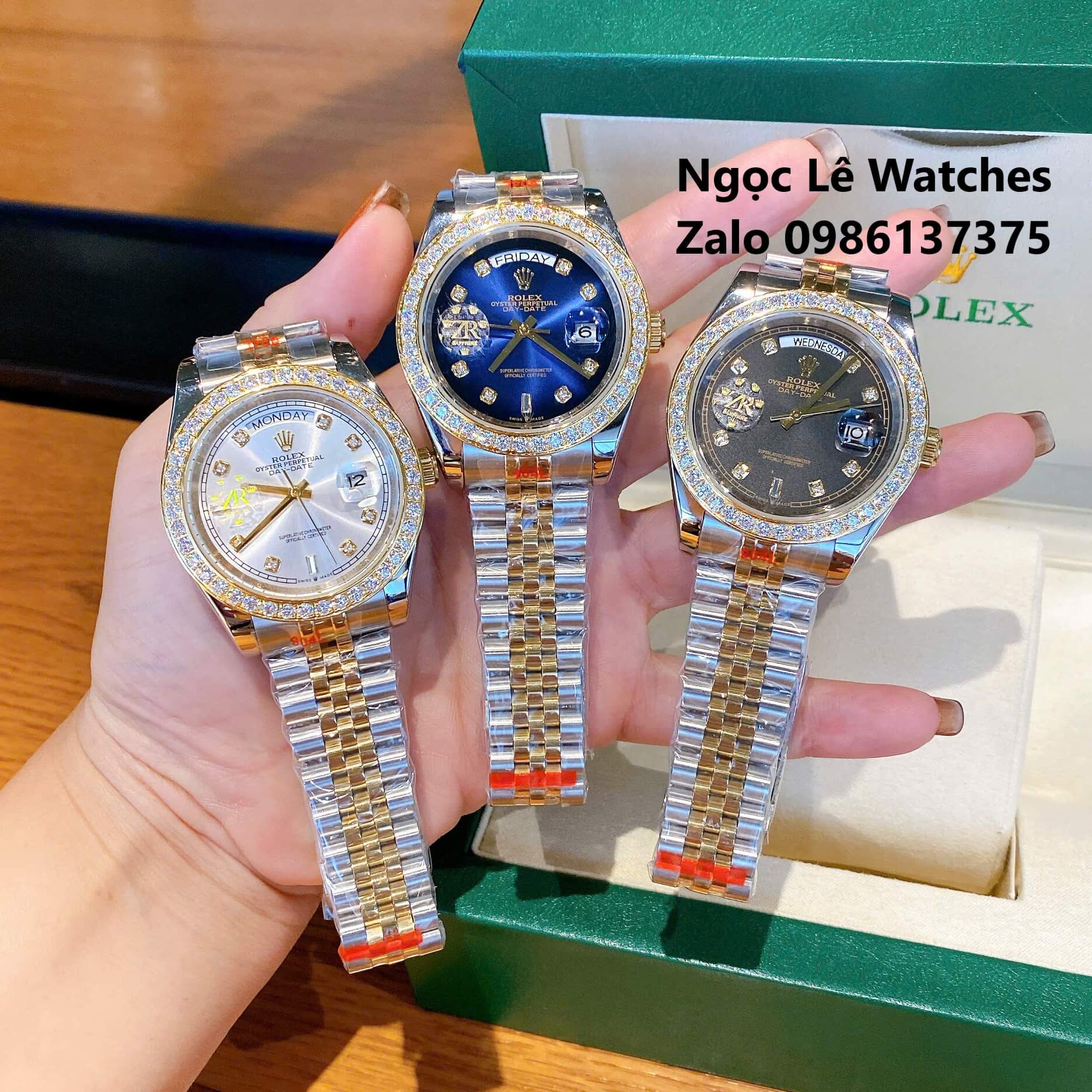Đồng Hồ Nam Rolex Day-Date Tự Động Dây Kim Loại Demi Vàng Mặt Đen Size 41mm Viền Đính Đá