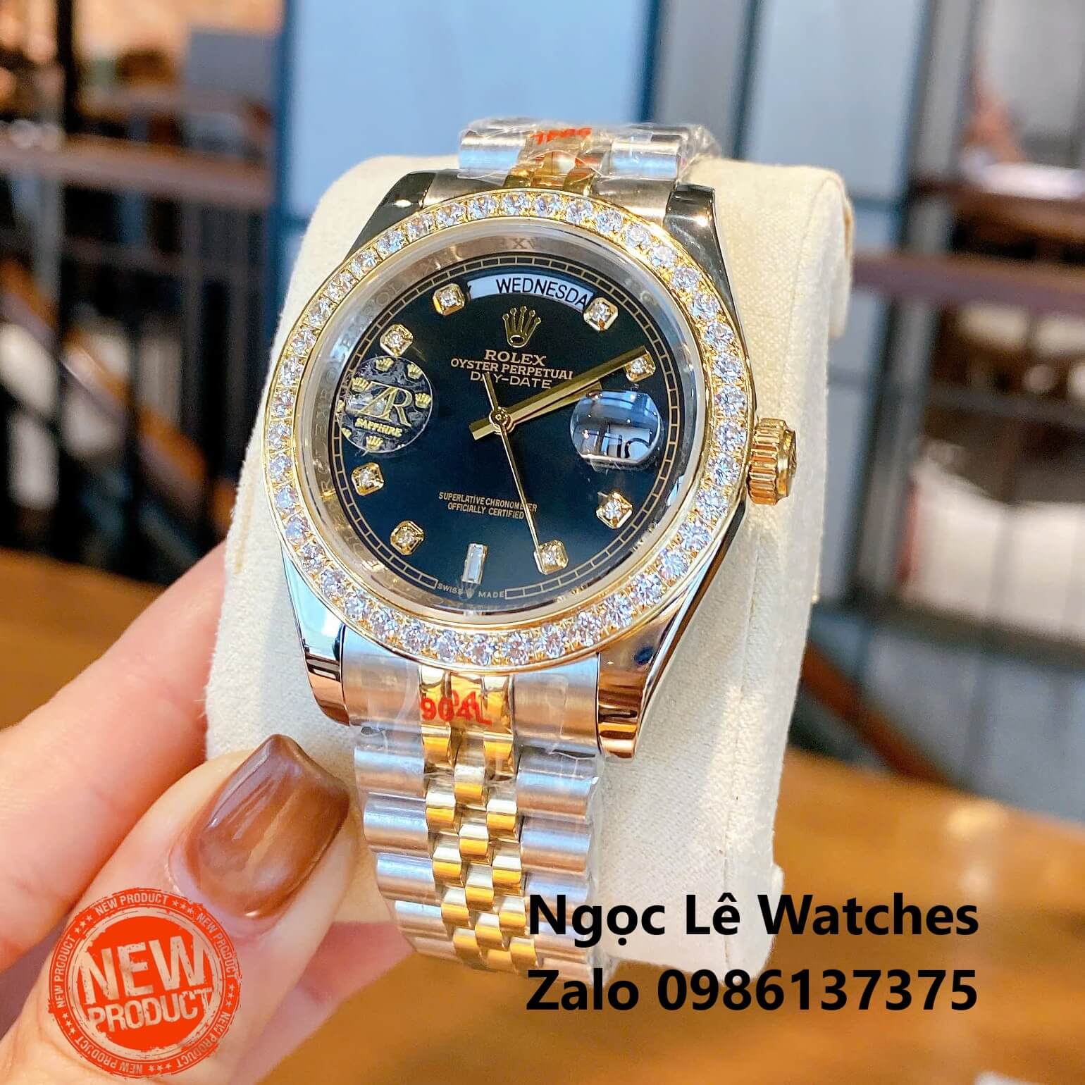Đồng Hồ Nam Rolex Day-Date Tự Động Dây Kim Loại Demi Vàng Mặt Đen Size 41mm Viền Đính Đá