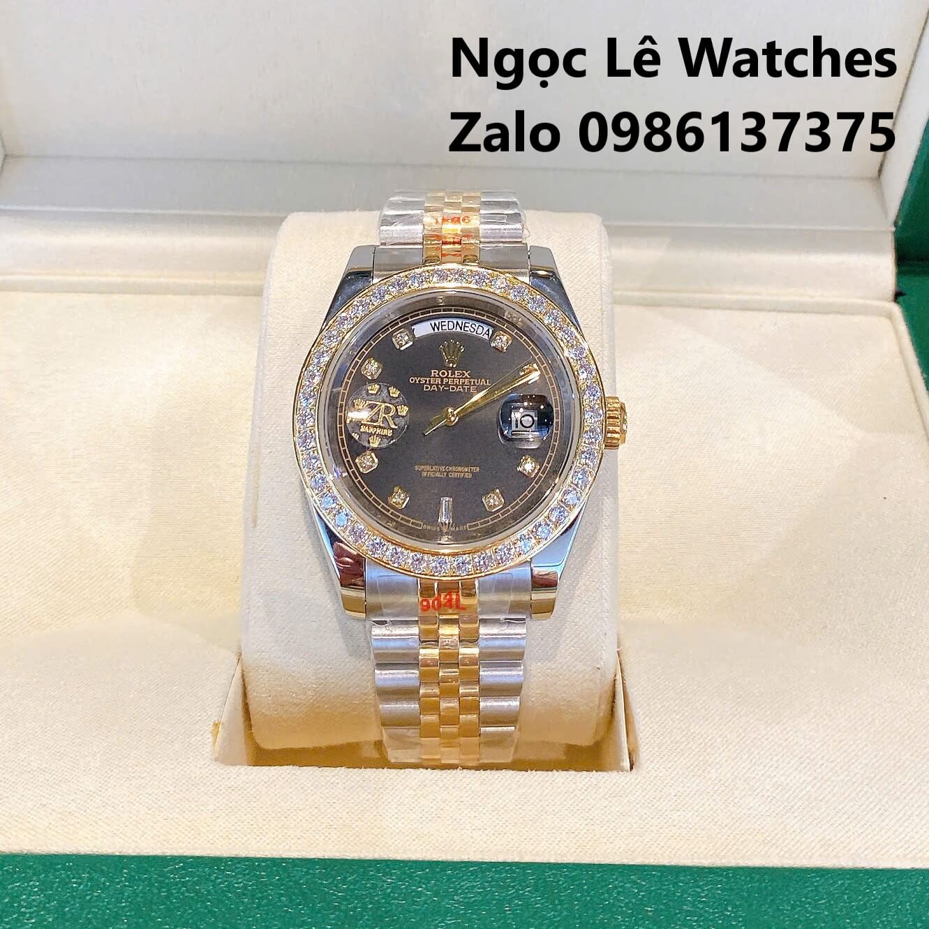 Đồng Hồ Nam Rolex Day-Date Tự Động Dây Kim Loại Demi Vàng Mặt Đen Size 41mm Viền Đính Đá