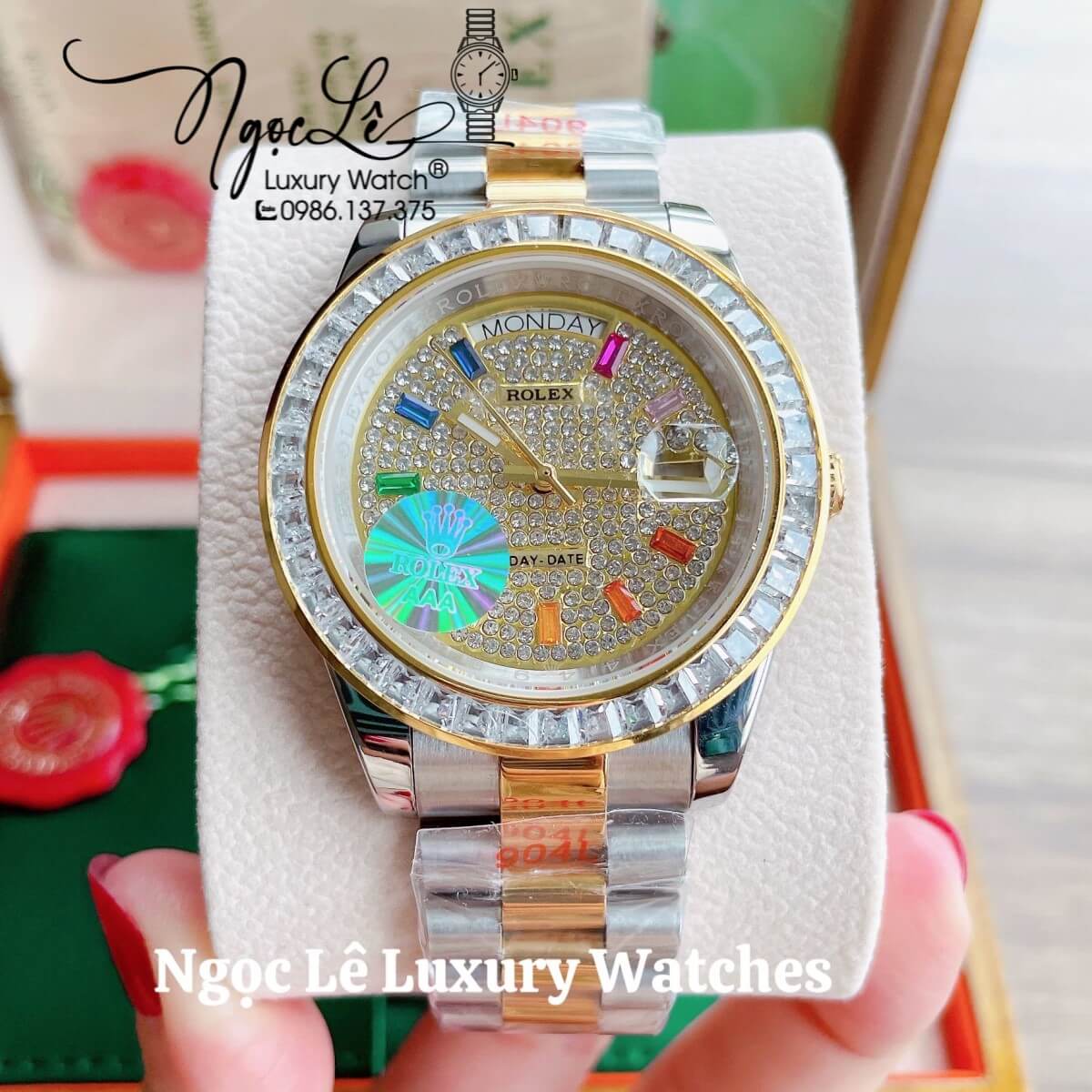 Đồng Hồ Nam Rolex Day-Date Tự Động Dây Kim Loại Demi Vàng Mặt Đính Full Đá Size 41mm