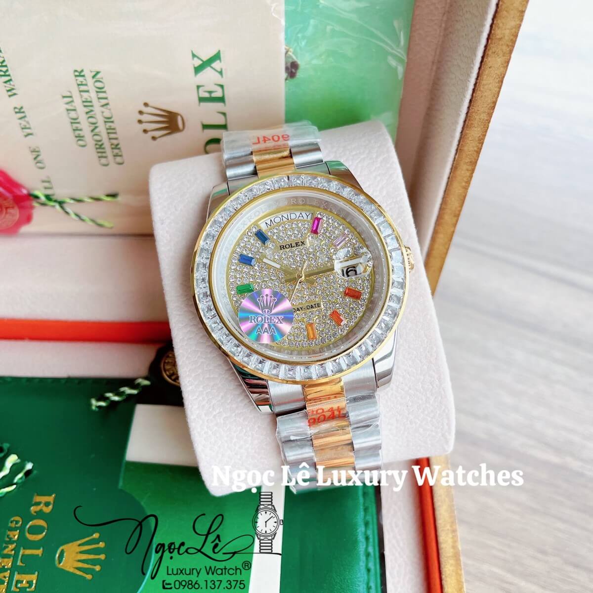 Đồng Hồ Nam Rolex Day-Date Tự Động Dây Kim Loại Demi Vàng Mặt Đính Full Đá Size 41mm