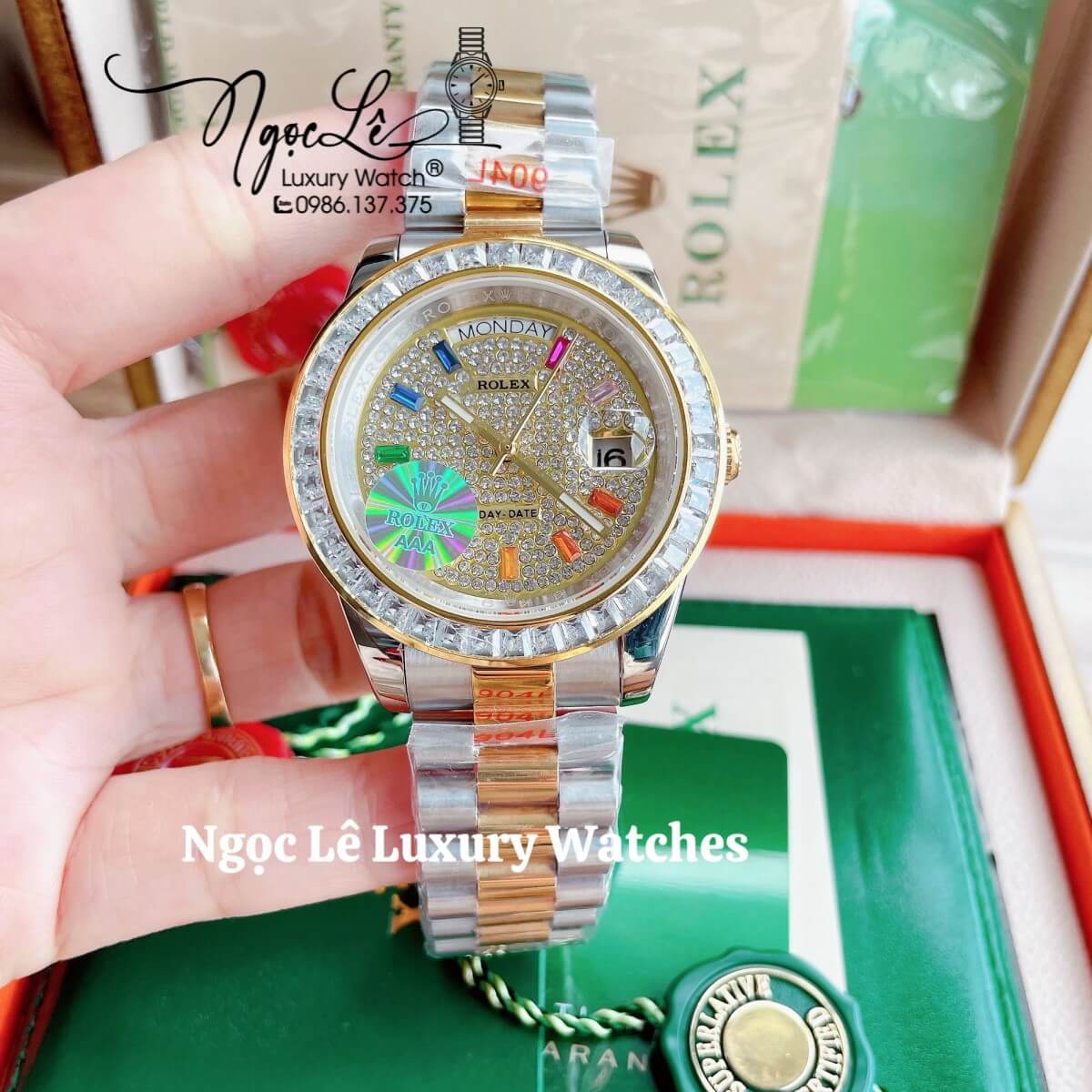 Đồng Hồ Nam Rolex Day-Date Tự Động Dây Kim Loại Demi Vàng Mặt Đính Full Đá Size 41mm