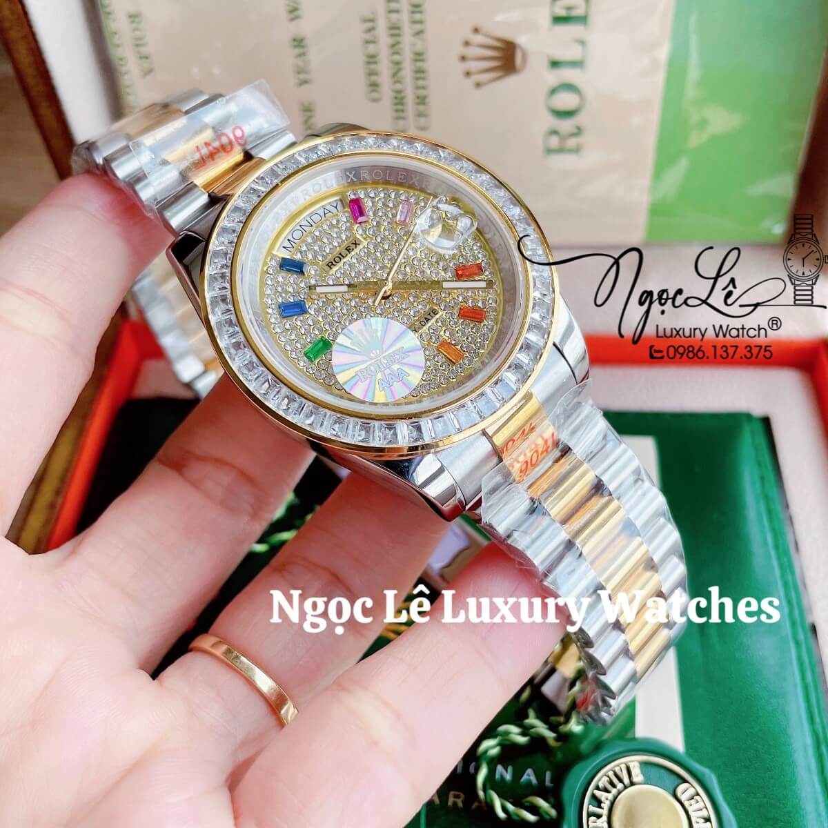 Đồng Hồ Nam Rolex Day-Date Tự Động Dây Kim Loại Demi Vàng Mặt Đính Full Đá Size 41mm