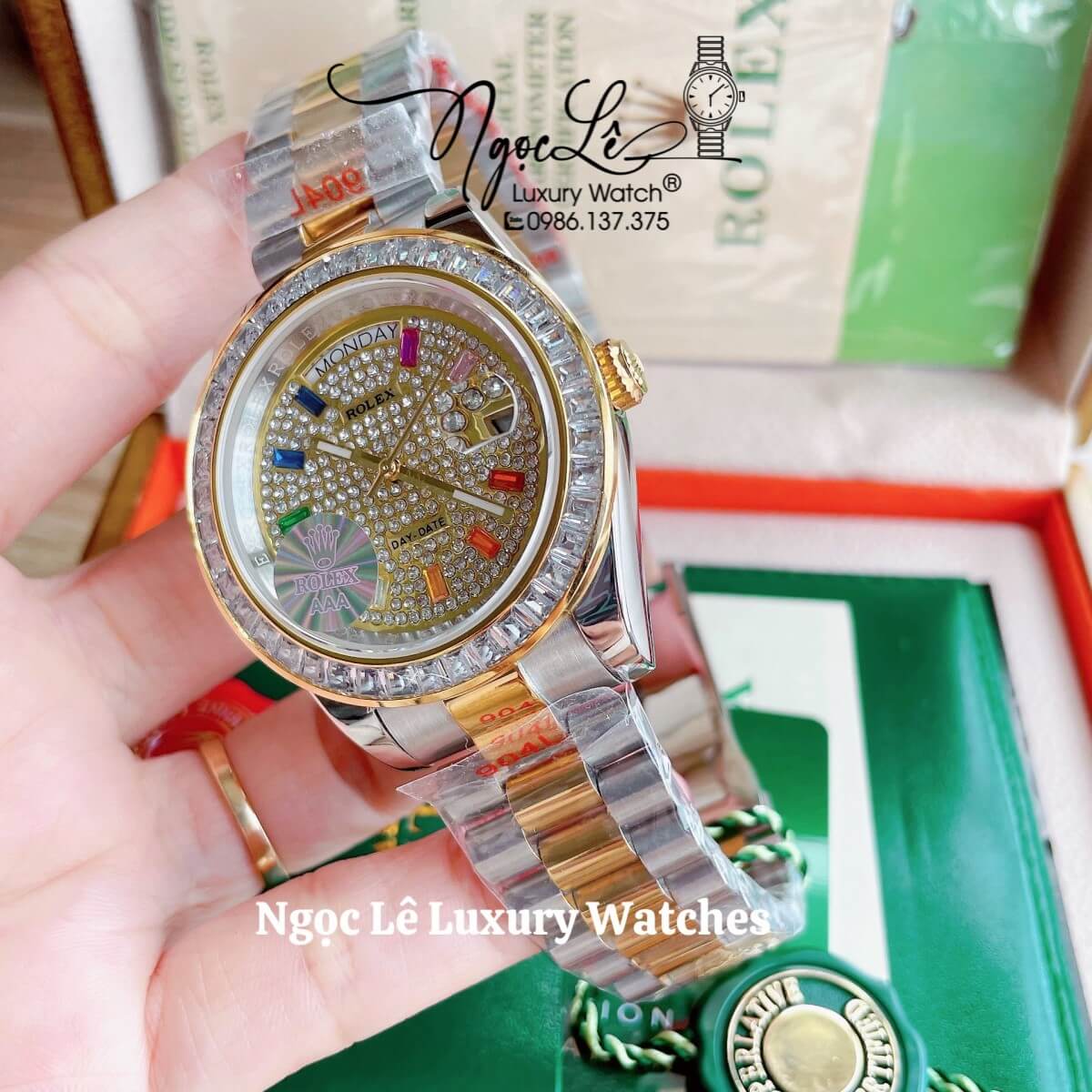 Đồng Hồ Nam Rolex Day-Date Tự Động Dây Kim Loại Demi Vàng Mặt Đính Full Đá Size 41mm