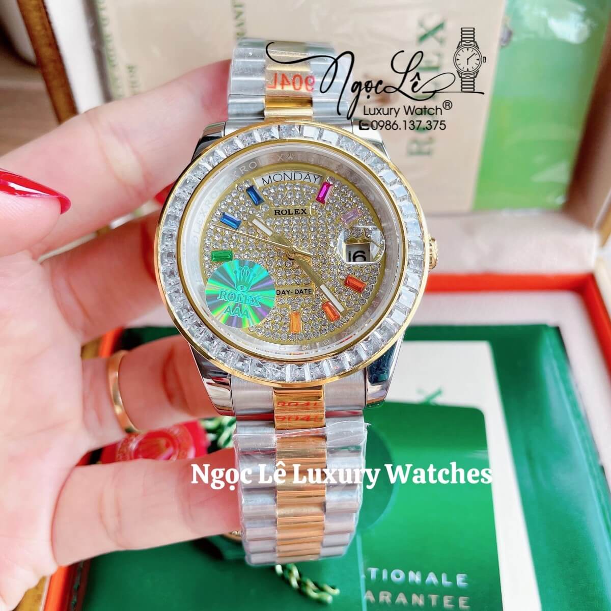 Đồng Hồ Nam Rolex Day-Date Tự Động Dây Kim Loại Demi Vàng Mặt Đính Full Đá Size 41mm