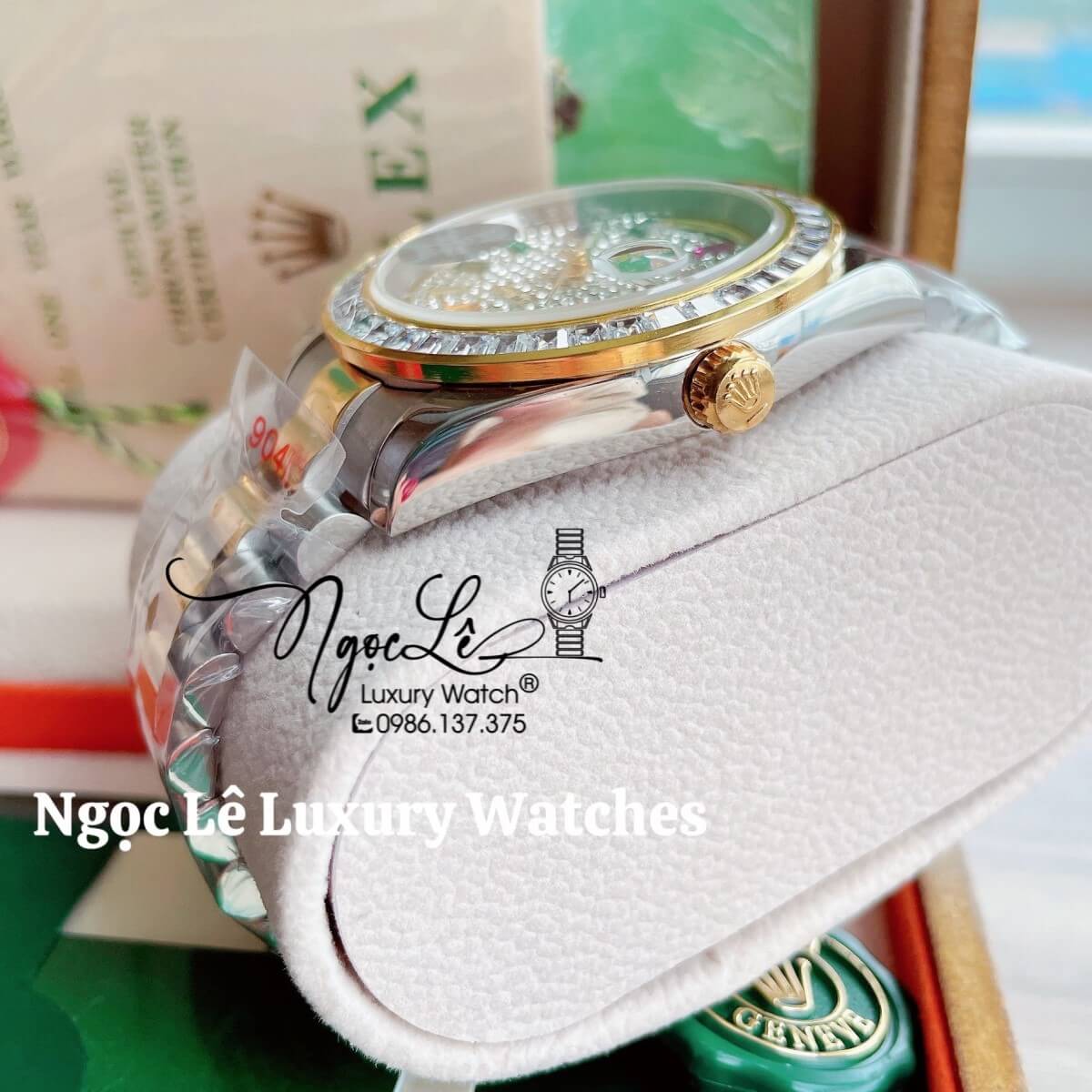 Đồng Hồ Nam Rolex Day-Date Tự Động Dây Kim Loại Demi Vàng Mặt Đính Full Đá Size 41mm