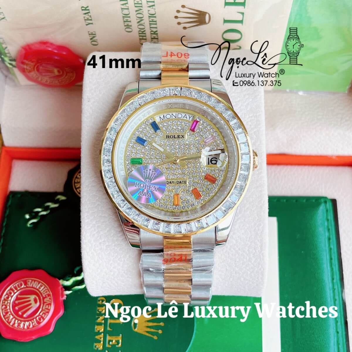 Đồng Hồ Nam Rolex Day-Date Tự Động Dây Kim Loại Demi Vàng Mặt Đính Full Đá Size 41mm