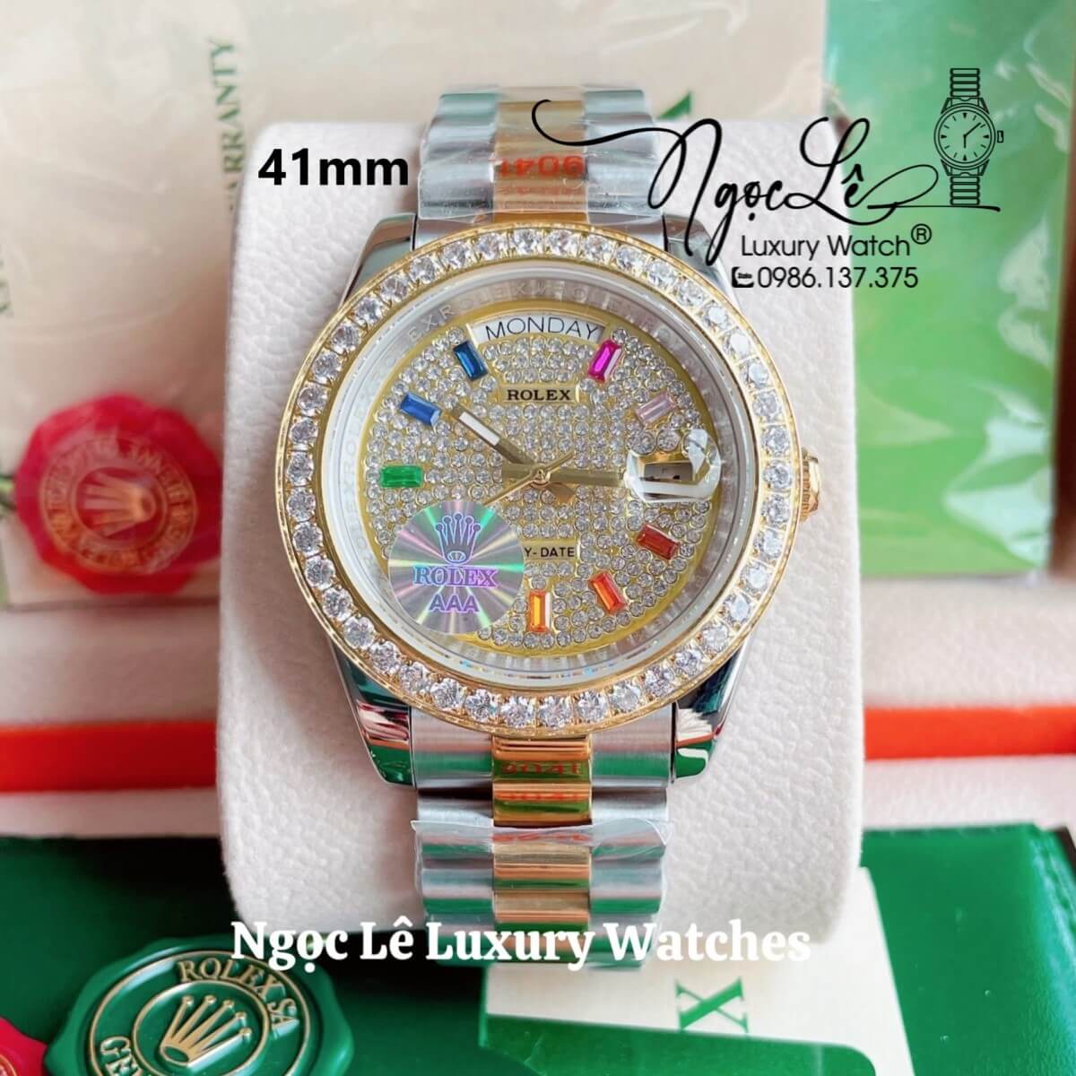 Đồng Hồ Nam Rolex Day-Date Tự Động Dây Kim Loại Demi Vàng Mặt Đính Full Đá Size 41mm