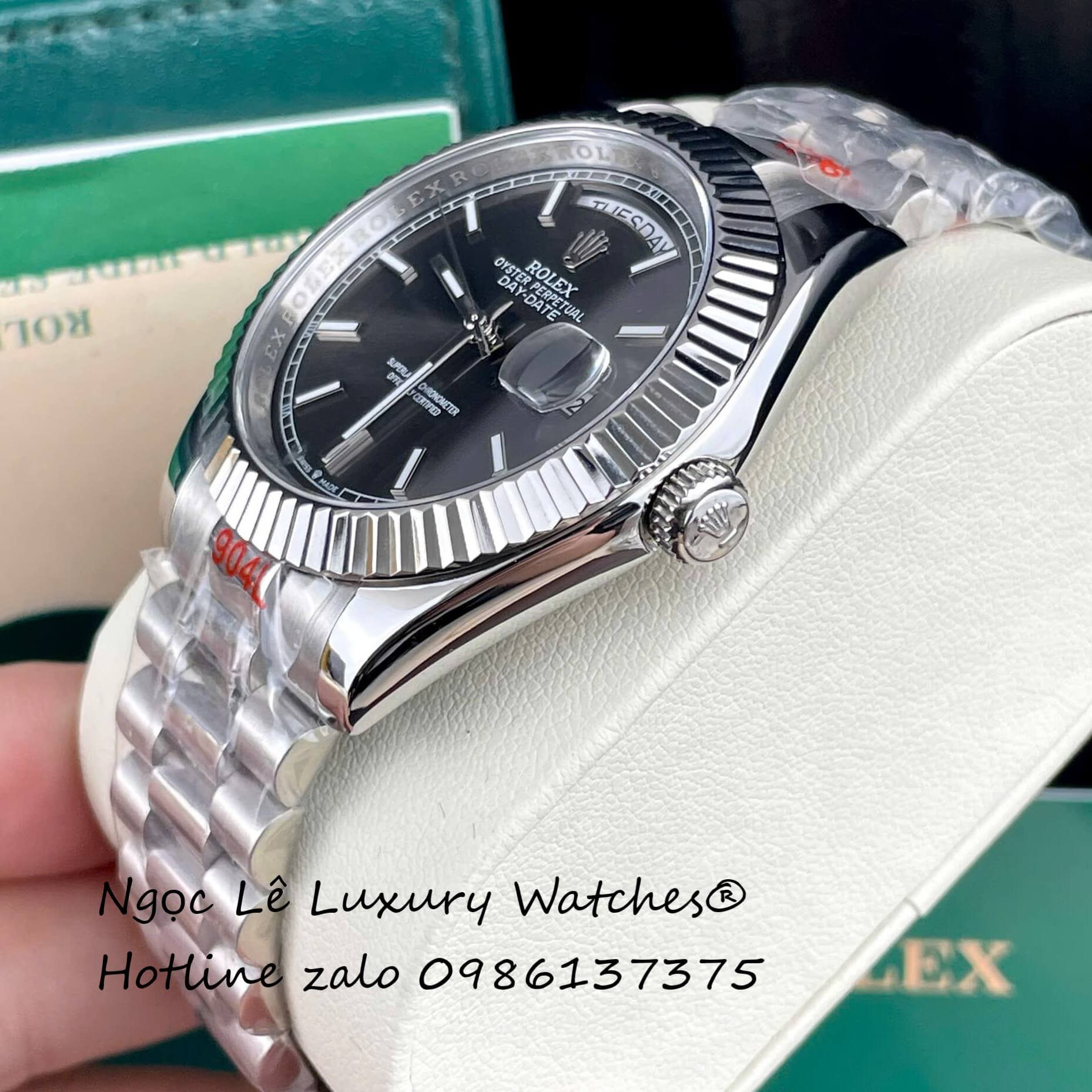Đồng Hồ Rolex Day-Date Tự Động Dây Thép Màu Bạc Mặt Xám Đen Size 41mm - Niềng Khía