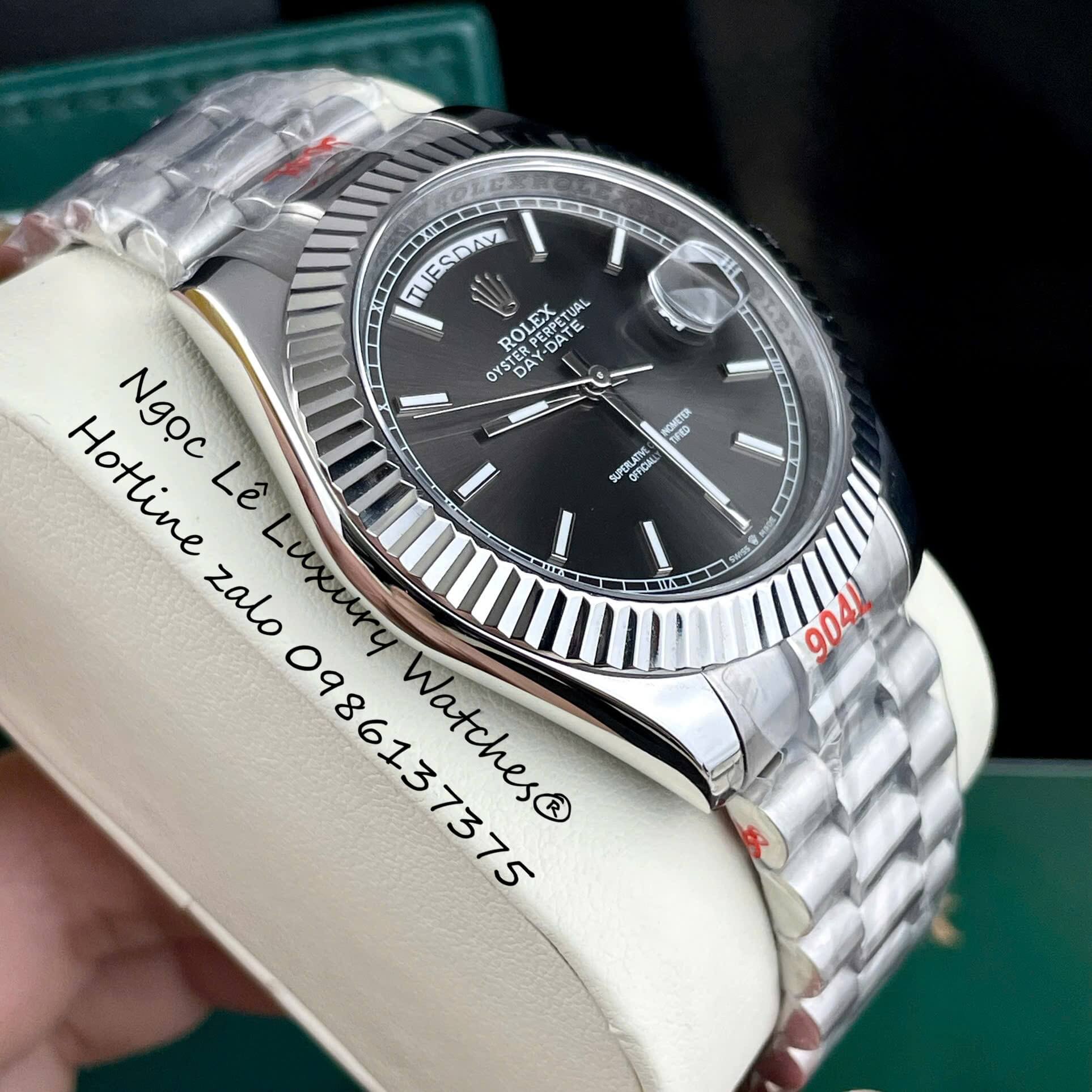 Đồng Hồ Rolex Day-Date Tự Động Dây Thép Màu Bạc Mặt Xám Đen Size 41mm - Niềng Khía