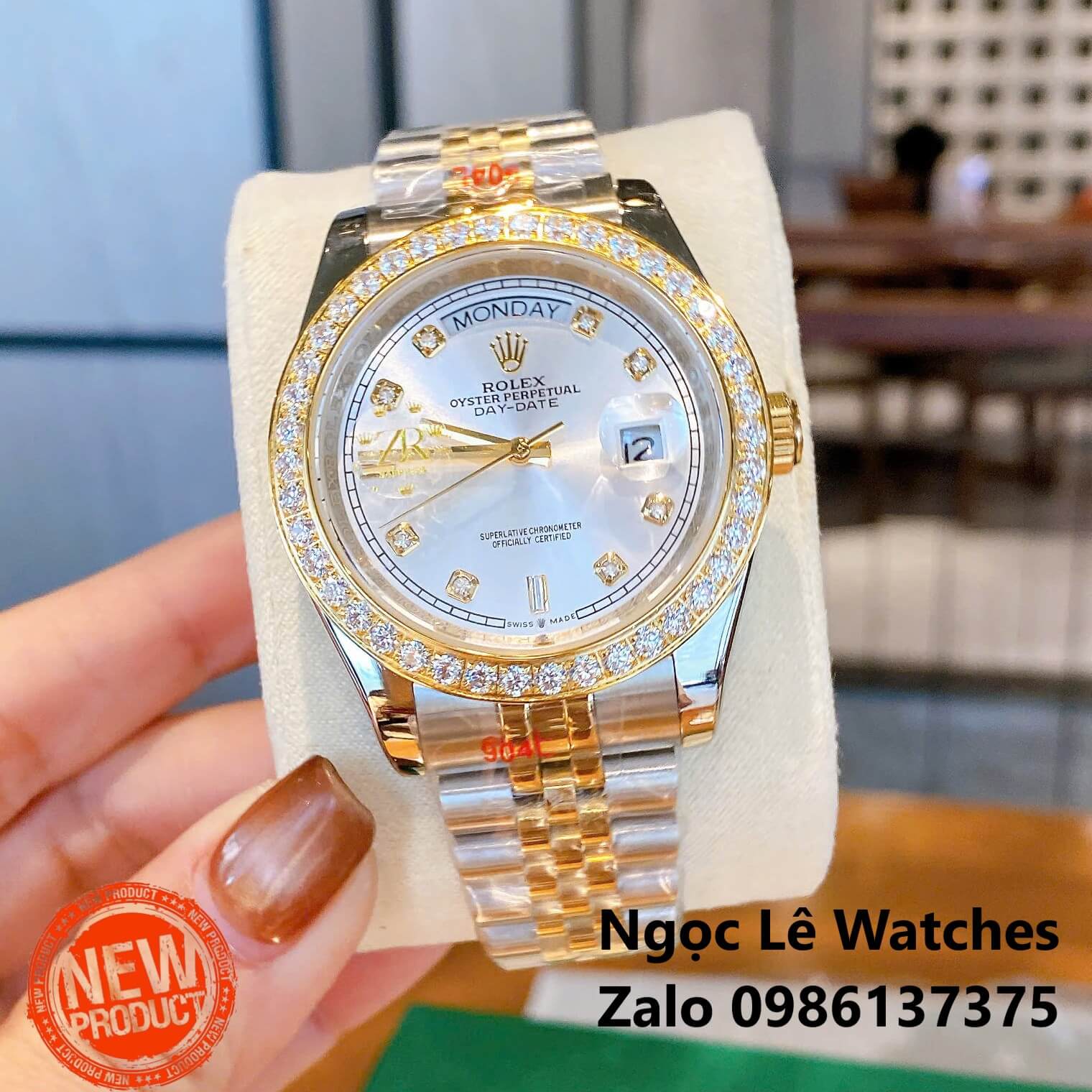 Đồng Hồ Nam Rolex Day-Date Tự Động Dây Kim Loại Demi Vàng Mặt Trắng Size 41mm Viền Đính Đá