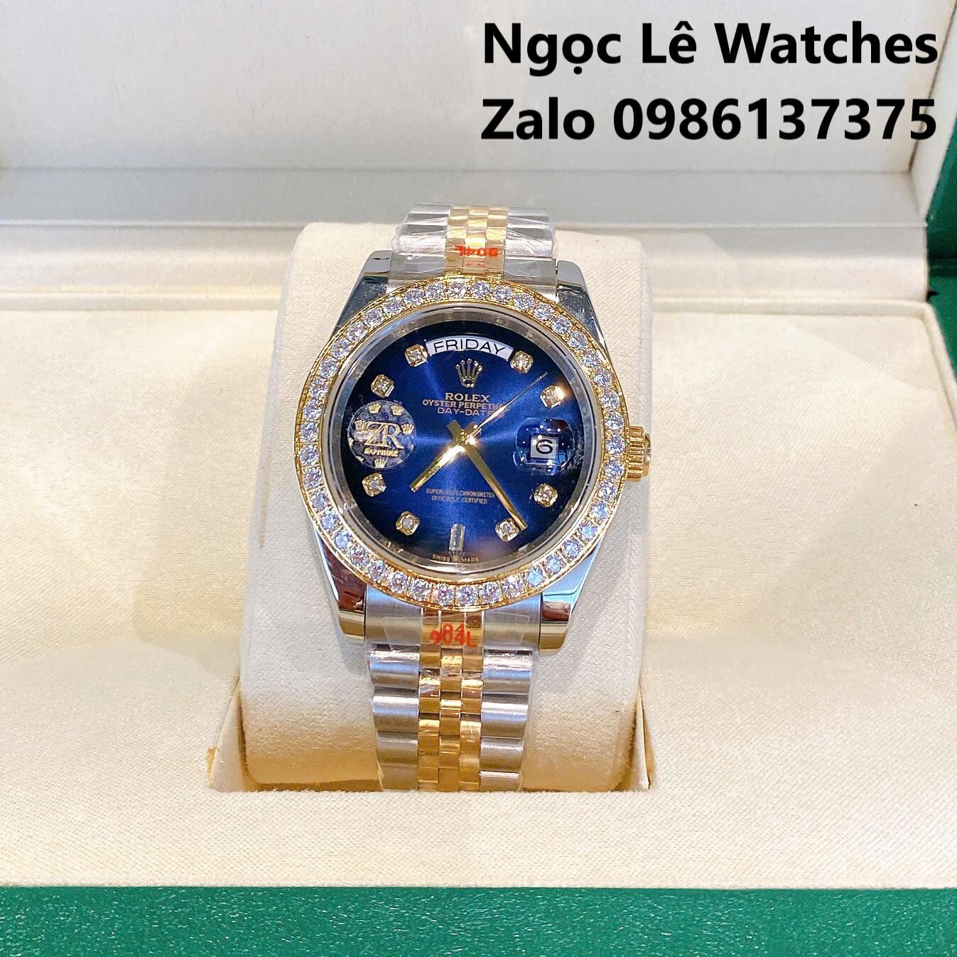 Đồng Hồ Nam Rolex Day-Date Tự Động Dây Kim Loại Demi Vàng Mặt Xanh Ombre Size 41mm Viền Đính Đá