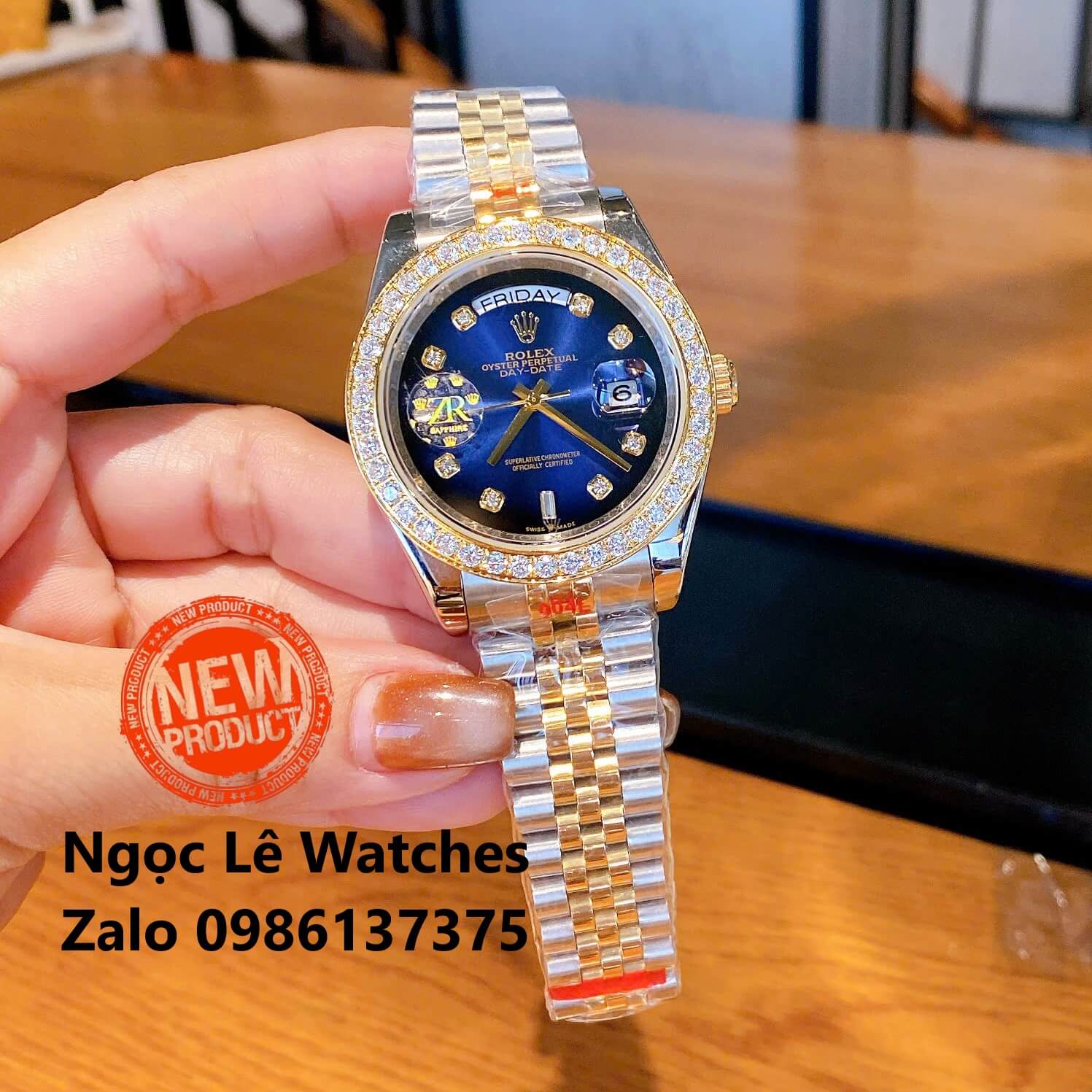 Đồng Hồ Nam Rolex Day-Date Tự Động Dây Kim Loại Demi Vàng Mặt Xanh Ombre Size 41mm Viền Đính Đá