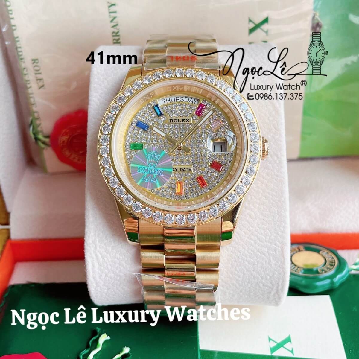 Đồng Hồ Nam Rolex Day-Date Tự Động Dây Kim Loại Màu Vàng Mặt Đính Full Đá Size 41mm