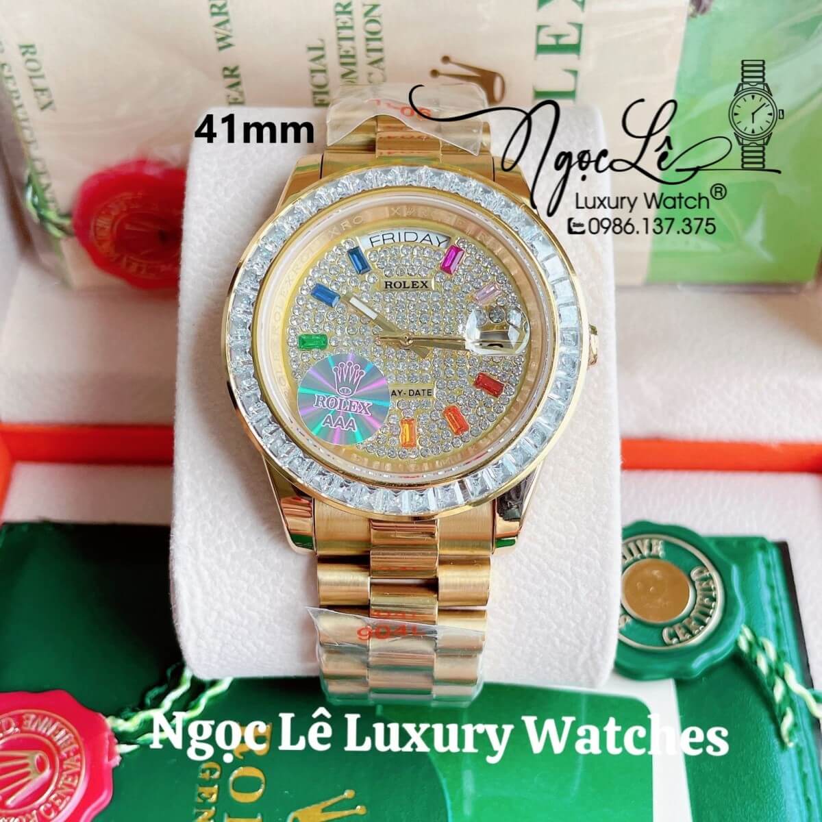 Đồng Hồ Nam Rolex Day-Date Tự Động Dây Kim Loại Màu Vàng Mặt Đính Full Đá Size 41mm