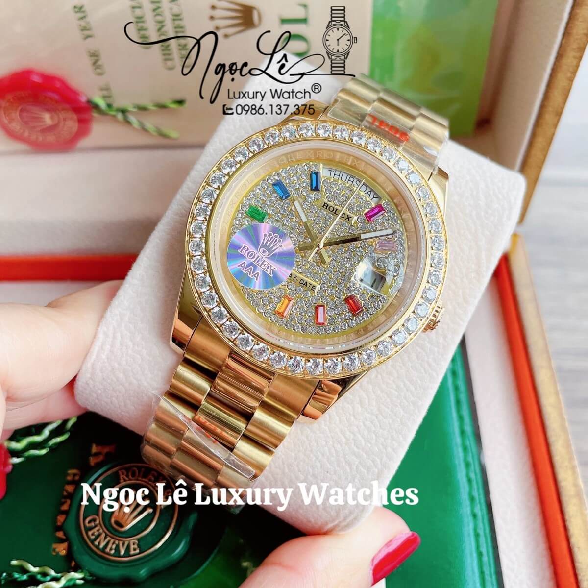 Đồng Hồ Nam Rolex Day-Date Tự Động Dây Kim Loại Màu Vàng Mặt Đính Full Đá Size 41mm