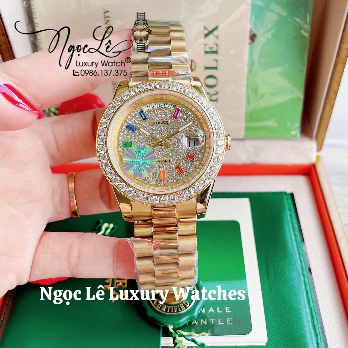 Đồng Hồ Nam Rolex Day-Date Tự Động Dây Kim Loại Màu Vàng Mặt Đính Full Đá Size 41mm