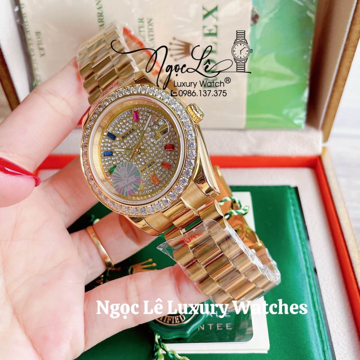 Đồng Hồ Nam Rolex Day-Date Tự Động Dây Kim Loại Màu Vàng Mặt Đính Full Đá Size 41mm