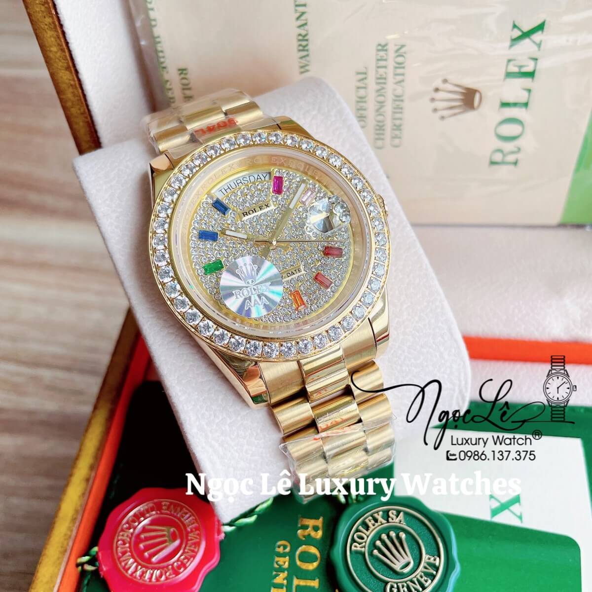 Đồng Hồ Nam Rolex Day-Date Tự Động Dây Kim Loại Màu Vàng Mặt Đính Full Đá Size 41mm