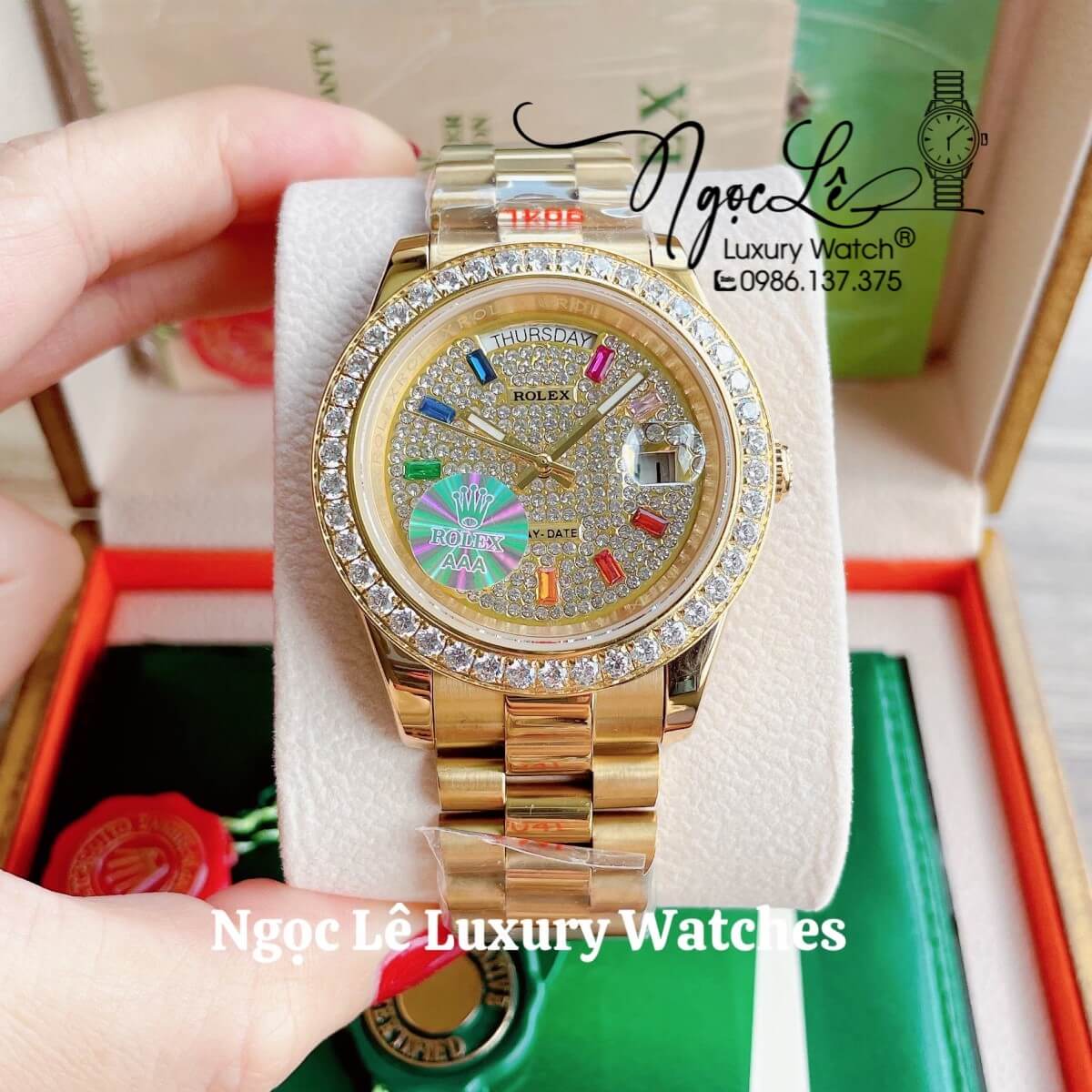 Đồng Hồ Nam Rolex Day-Date Tự Động Dây Kim Loại Màu Vàng Mặt Đính Full Đá Size 41mm