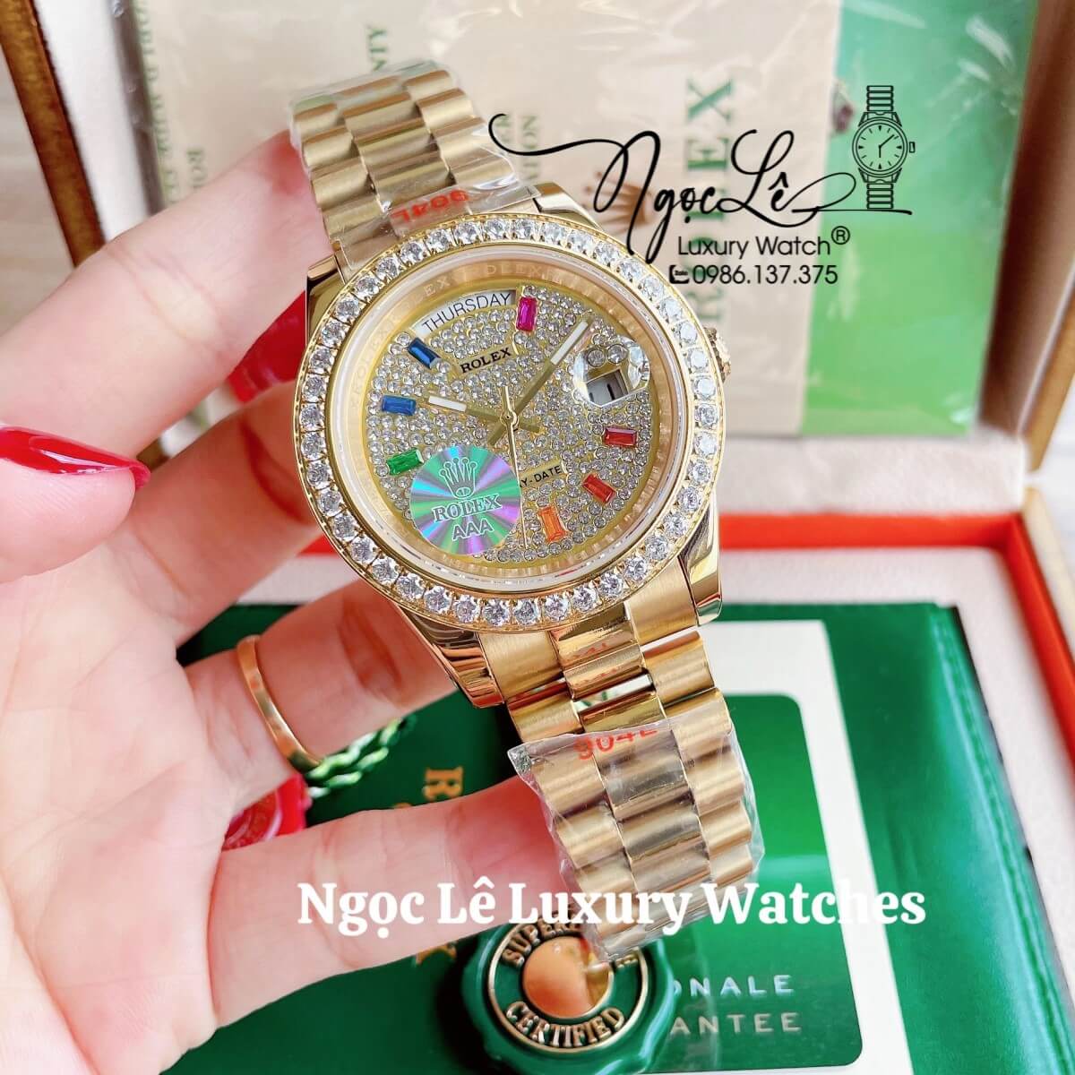 Đồng Hồ Nam Rolex Day-Date Tự Động Dây Kim Loại Màu Vàng Mặt Đính Full Đá Size 41mm