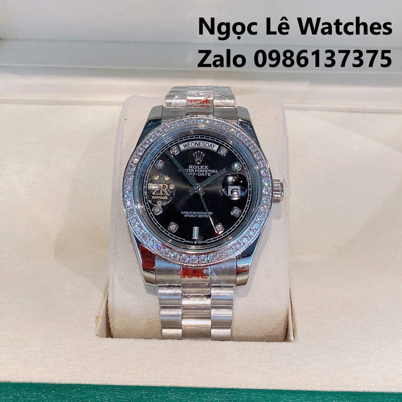 Đồng Hồ Nam Rolex Day-Date Tự Động Dây Kim Loại Silver Mặt Đen Size 41mm Viền Đính Đá