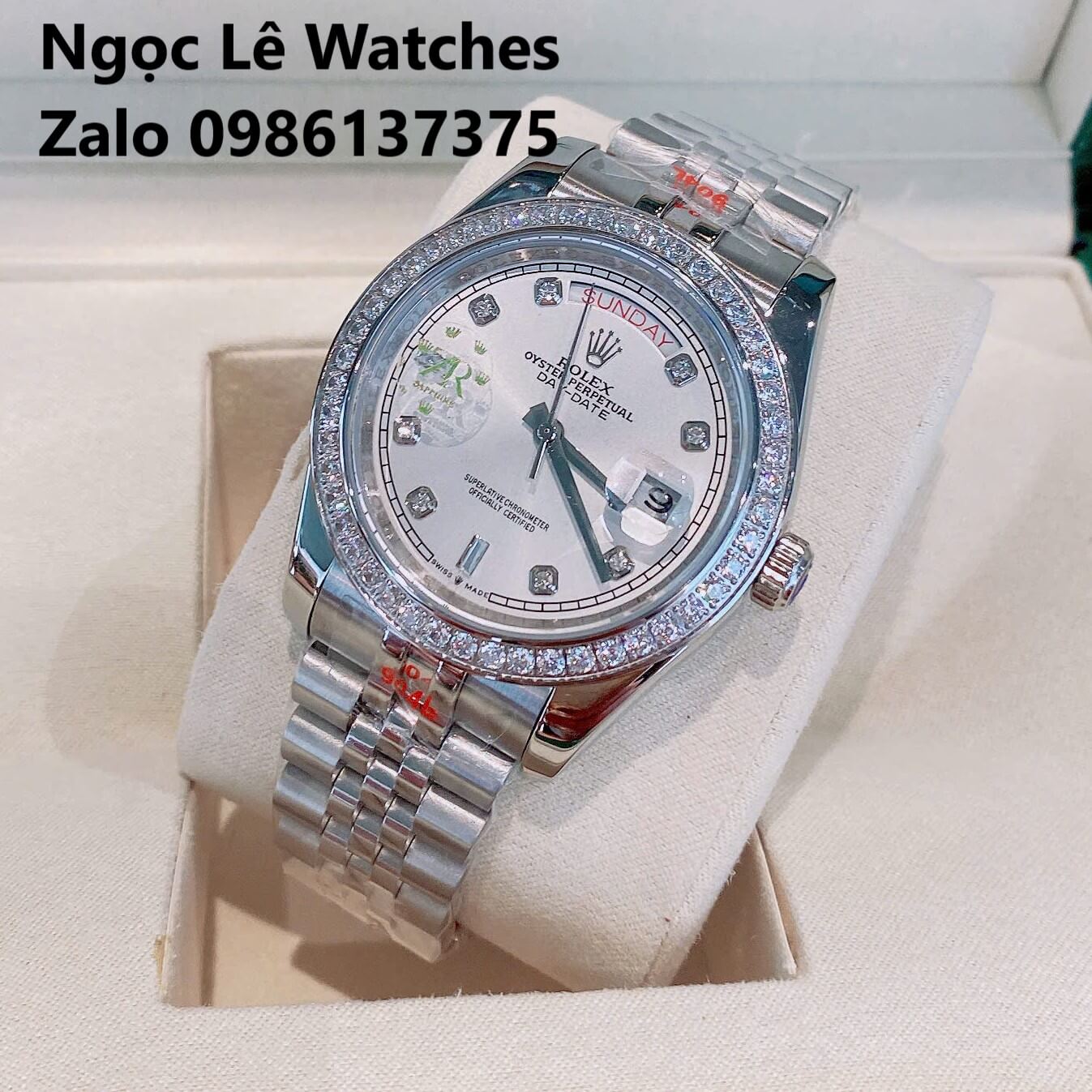 Đồng Hồ Nam Rolex Day-Date Tự Động Dây Kim Loại Silver Mặt Trắng Size 41mm Viền Đính Đá