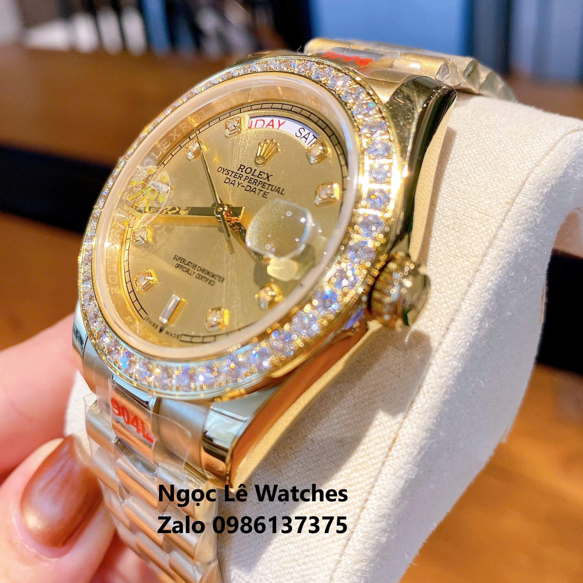 Đồng Hồ Nam Rolex Day-Date Tự Động Dây Kim Loại Vàng Mặt Vàng Size 41mm Viền Đính Đá
