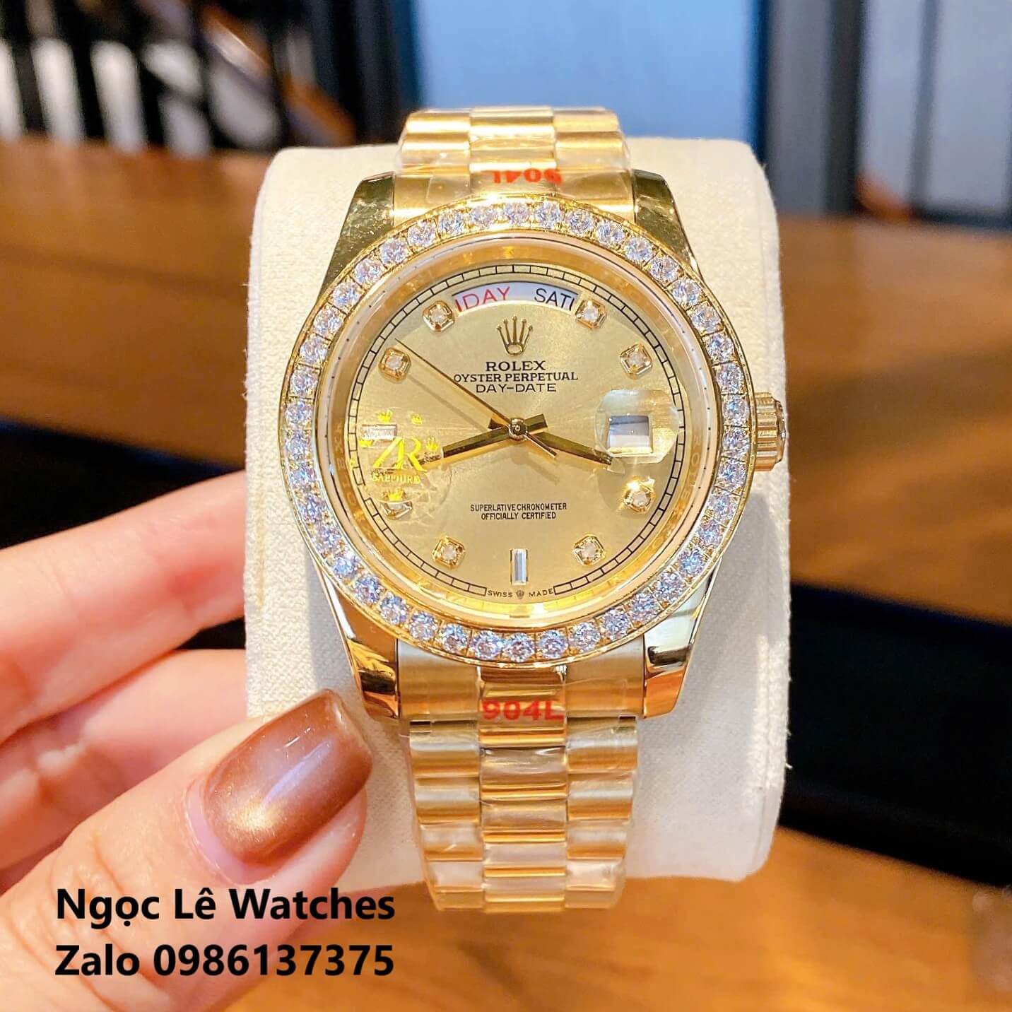 Đồng Hồ Nam Rolex Day-Date Tự Động Dây Kim Loại Vàng Mặt Vàng Size 41mm Viền Đính Đá