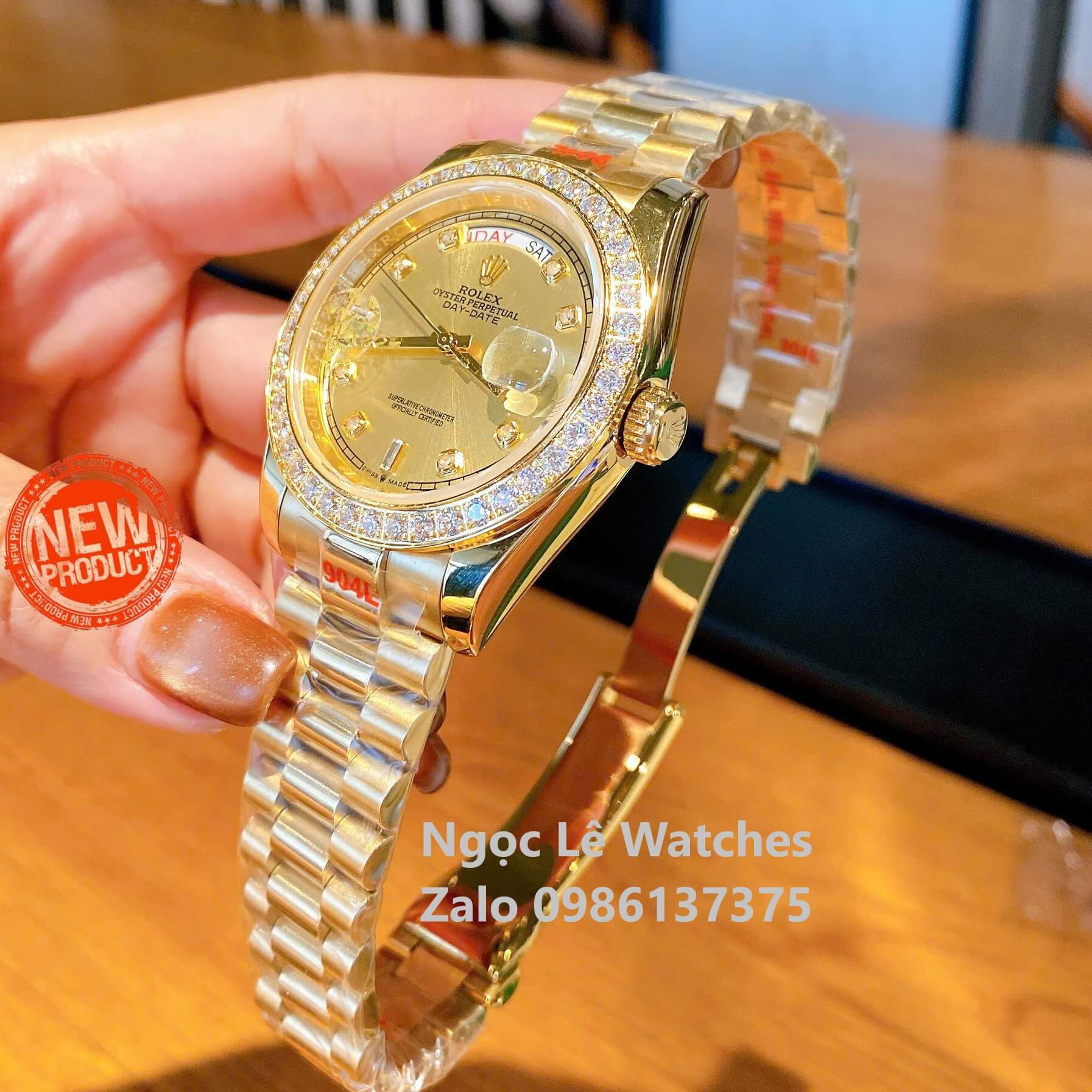 Đồng Hồ Nam Rolex Day-Date Tự Động Dây Kim Loại Vàng Mặt Vàng Size 41mm Viền Đính Đá