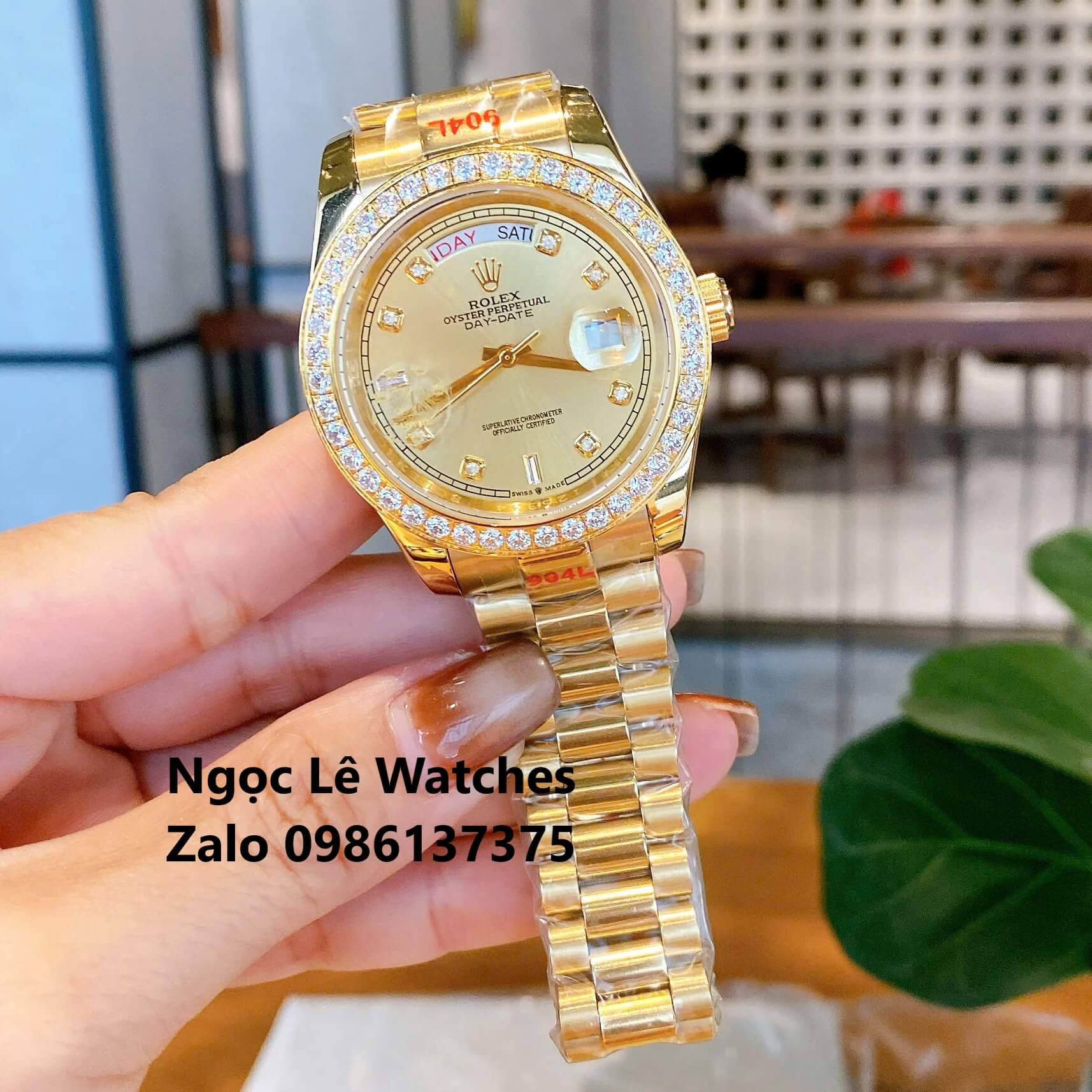 Đồng Hồ Nam Rolex Day-Date Tự Động Dây Kim Loại Vàng Mặt Vàng Size 41mm Viền Đính Đá