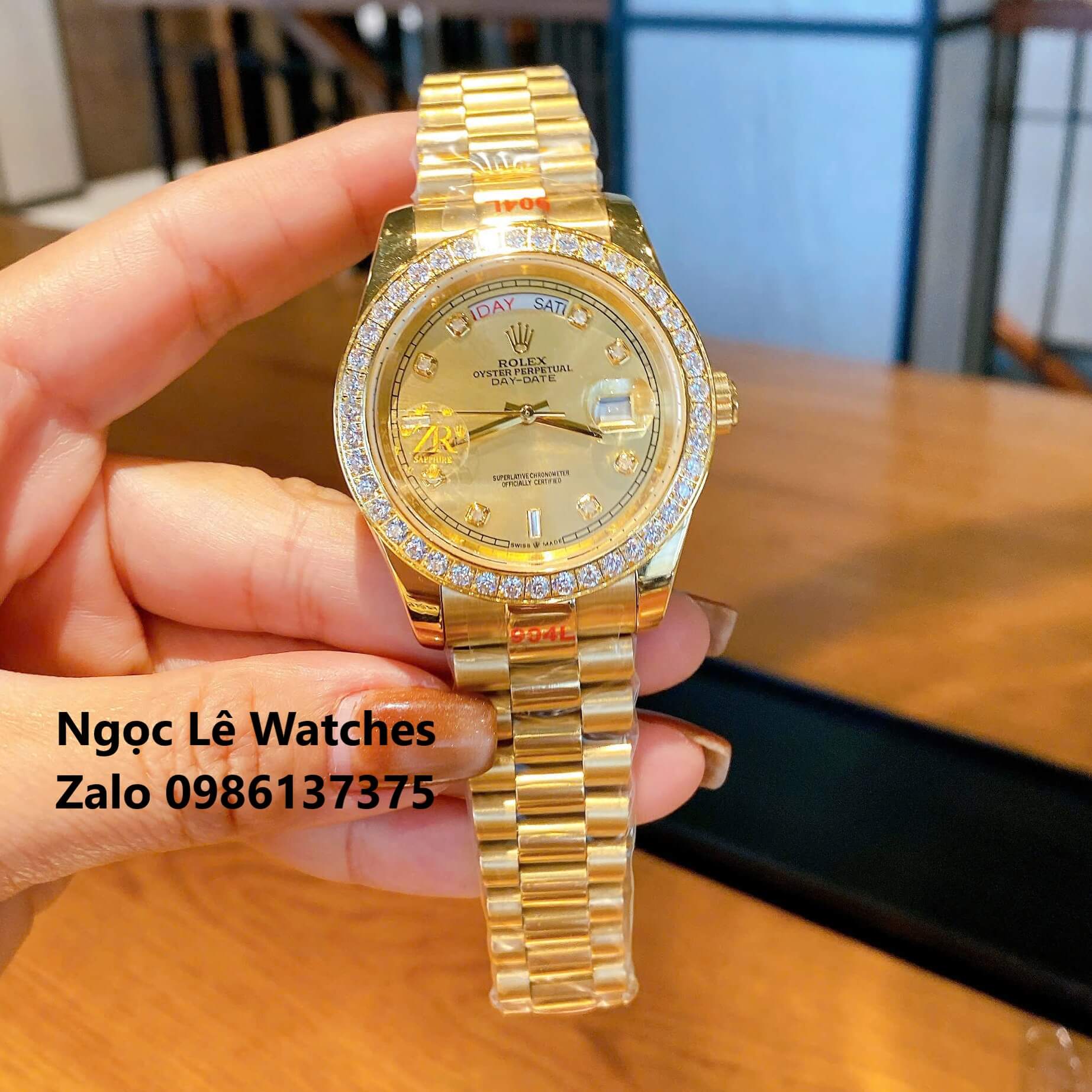 Đồng Hồ Nam Rolex Day-Date Tự Động Dây Kim Loại Vàng Mặt Vàng Size 41mm Viền Đính Đá