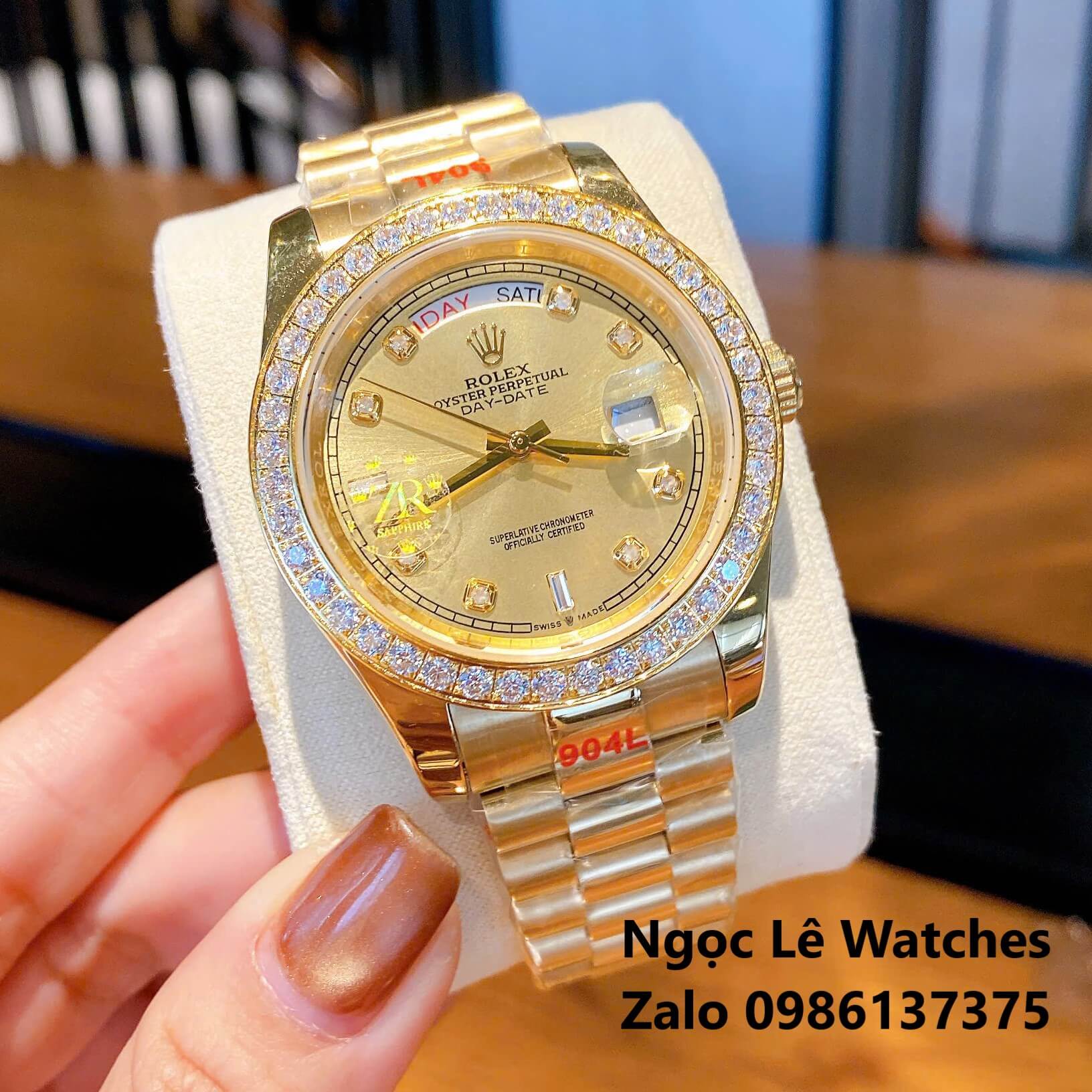 Đồng Hồ Nam Rolex Day-Date Tự Động Dây Kim Loại Vàng Mặt Vàng Size 41mm Viền Đính Đá