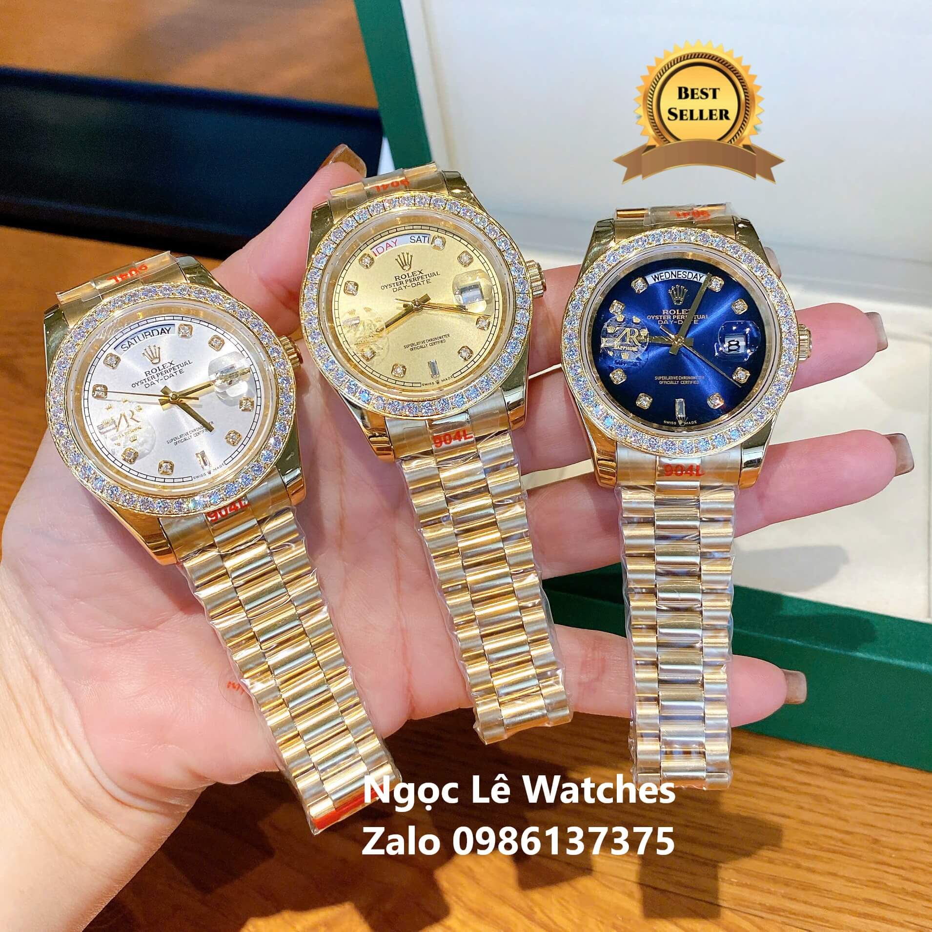 Đồng Hồ Nam Rolex Day-Date Tự Động Dây Kim Loại Vàng Mặt Xanh Ombre Size 41mm Viền Đính Đá