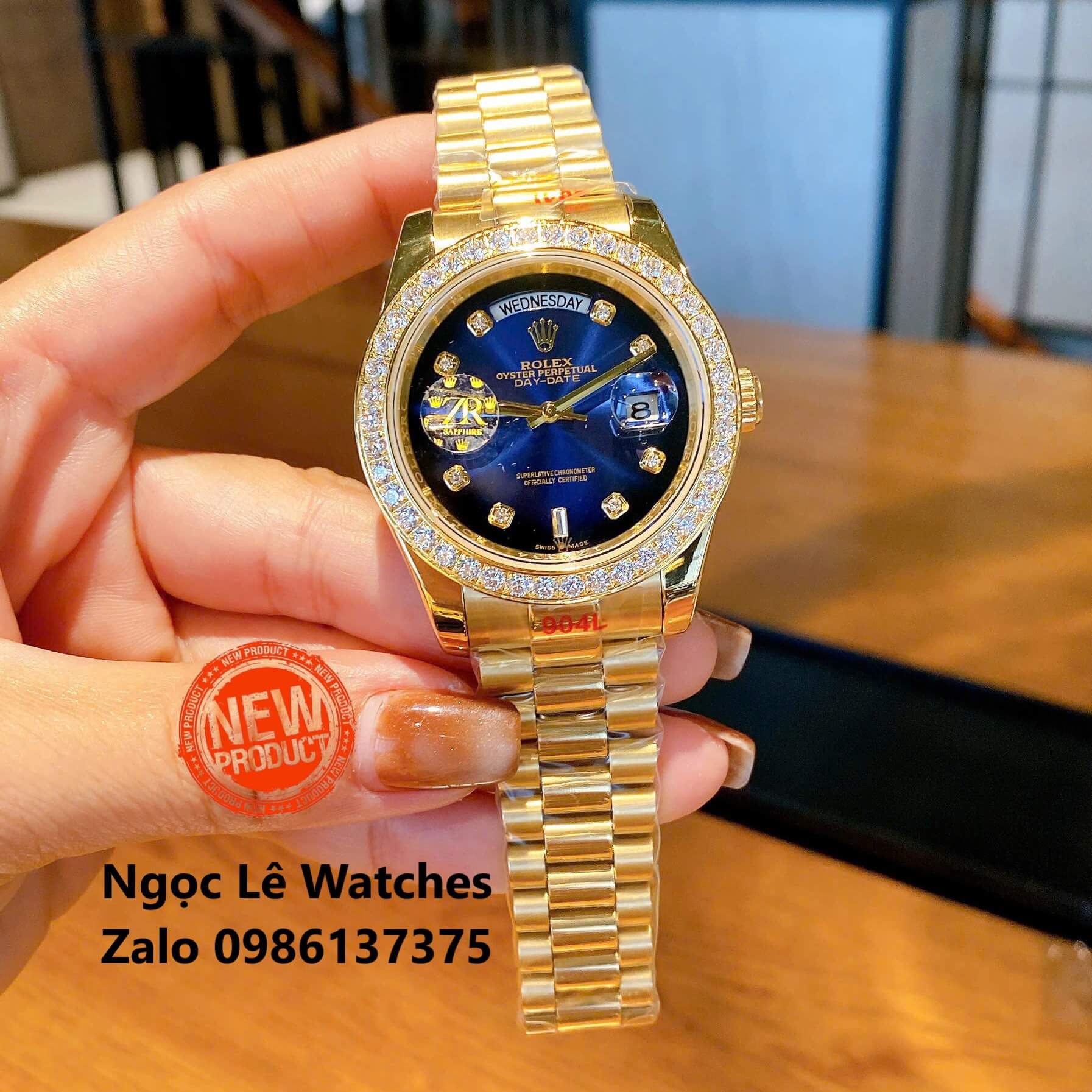 Đồng Hồ Nam Rolex Day-Date Tự Động Dây Kim Loại Vàng Mặt Xanh Ombre Size 41mm Viền Đính Đá