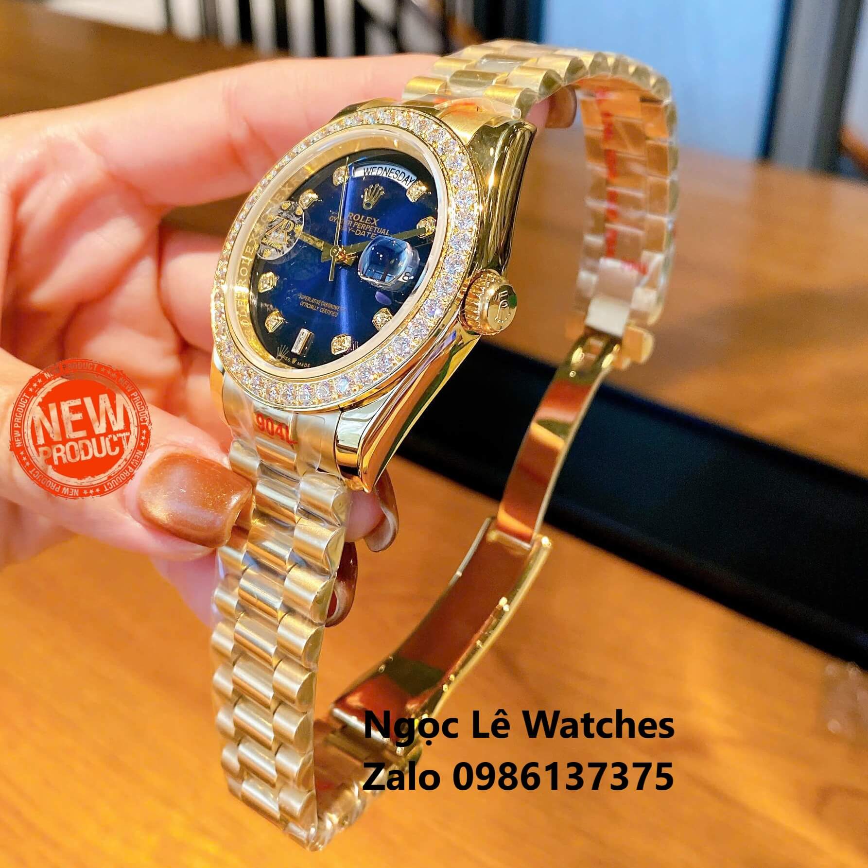 Đồng Hồ Nam Rolex Day-Date Tự Động Dây Kim Loại Vàng Mặt Xanh Ombre Size 41mm Viền Đính Đá