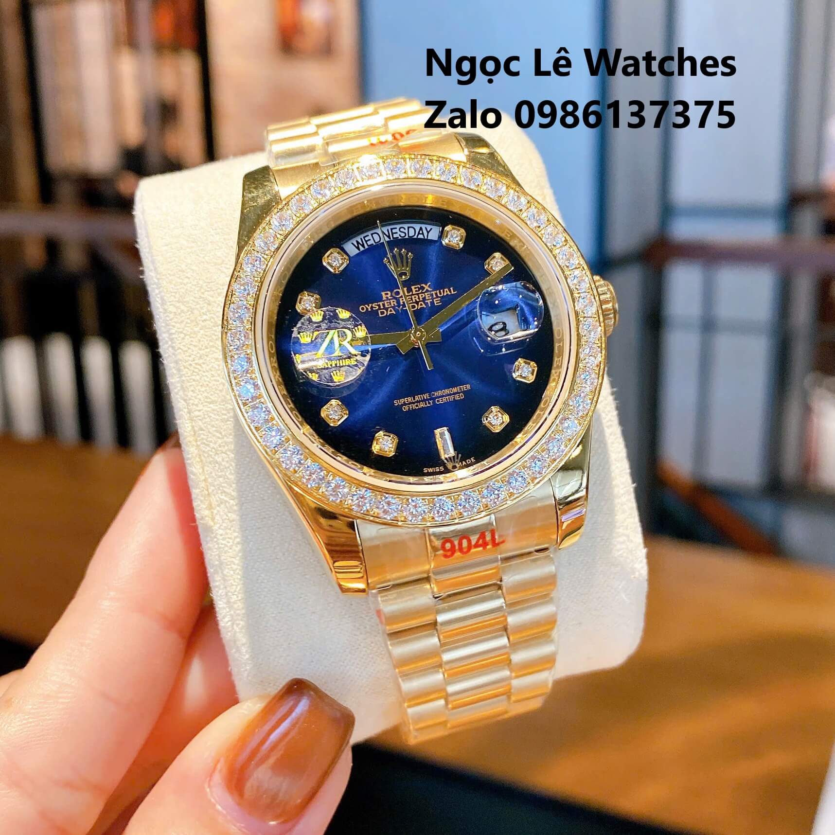 Đồng Hồ Nam Rolex Day-Date Tự Động Dây Kim Loại Vàng Mặt Xanh Ombre Size 41mm Viền Đính Đá