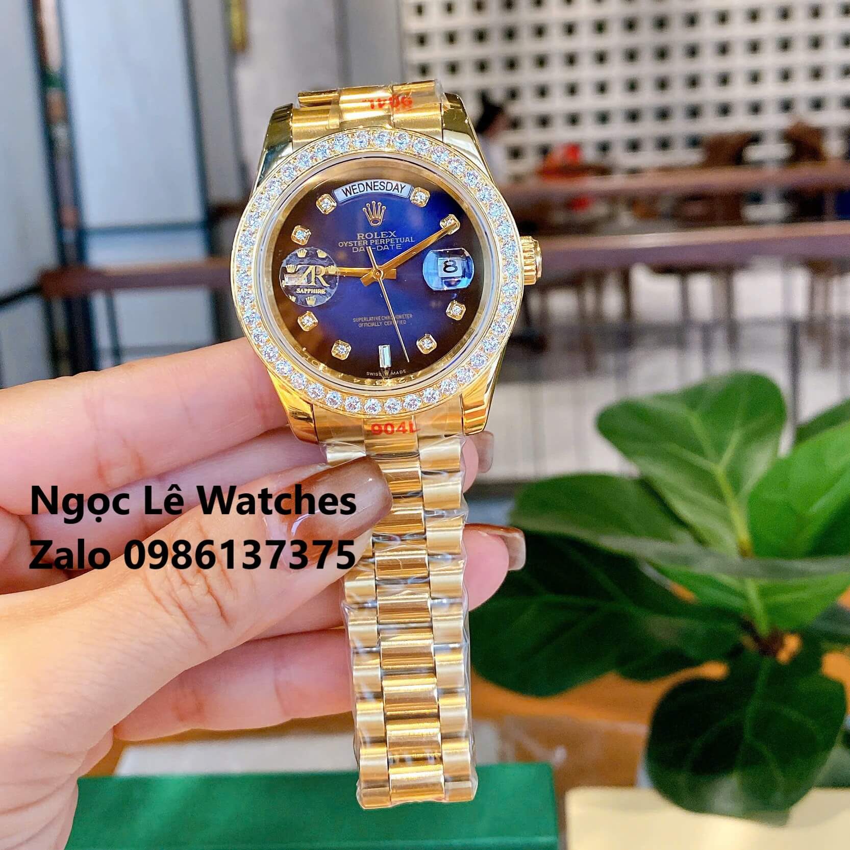 Đồng Hồ Nam Rolex Day-Date Tự Động Dây Kim Loại Vàng Mặt Xanh Ombre Size 41mm Viền Đính Đá