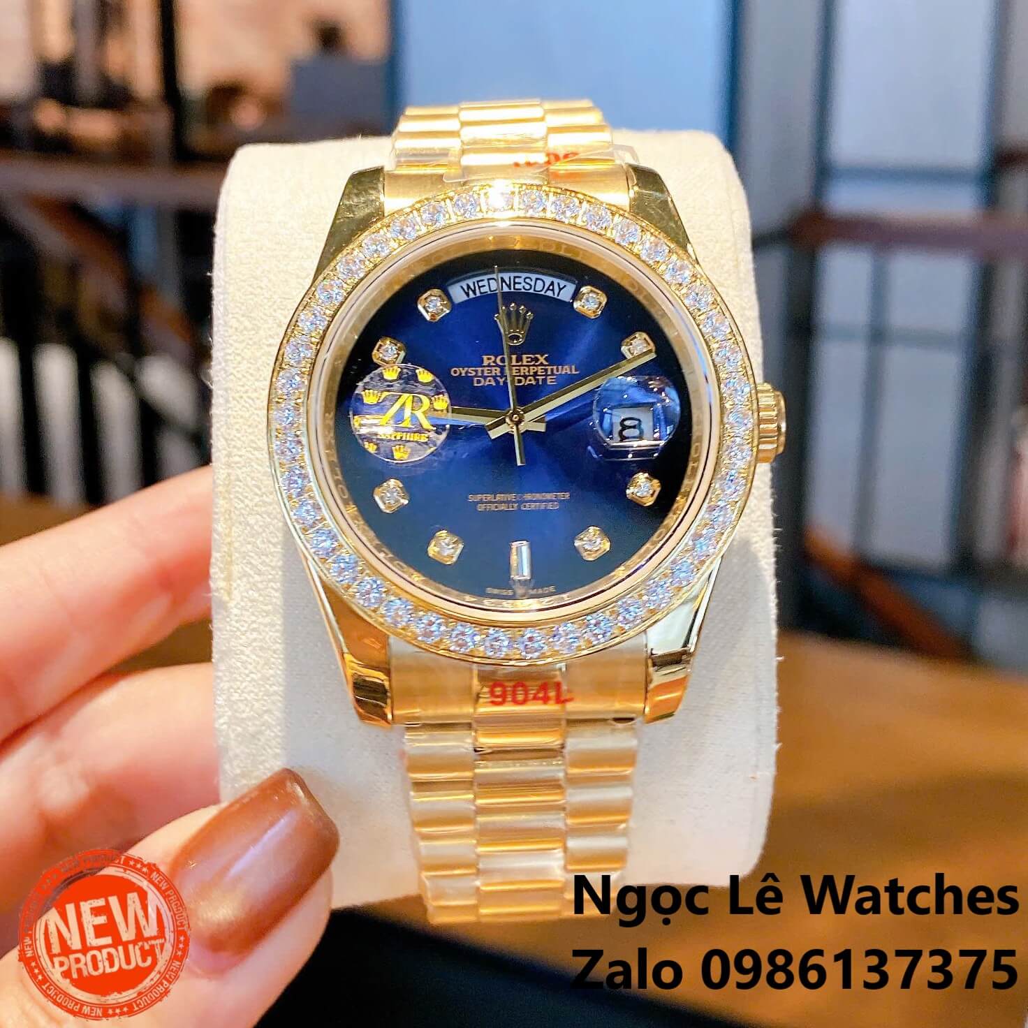 Đồng Hồ Nam Rolex Day-Date Tự Động Dây Kim Loại Vàng Mặt Xanh Ombre Size 41mm Viền Đính Đá