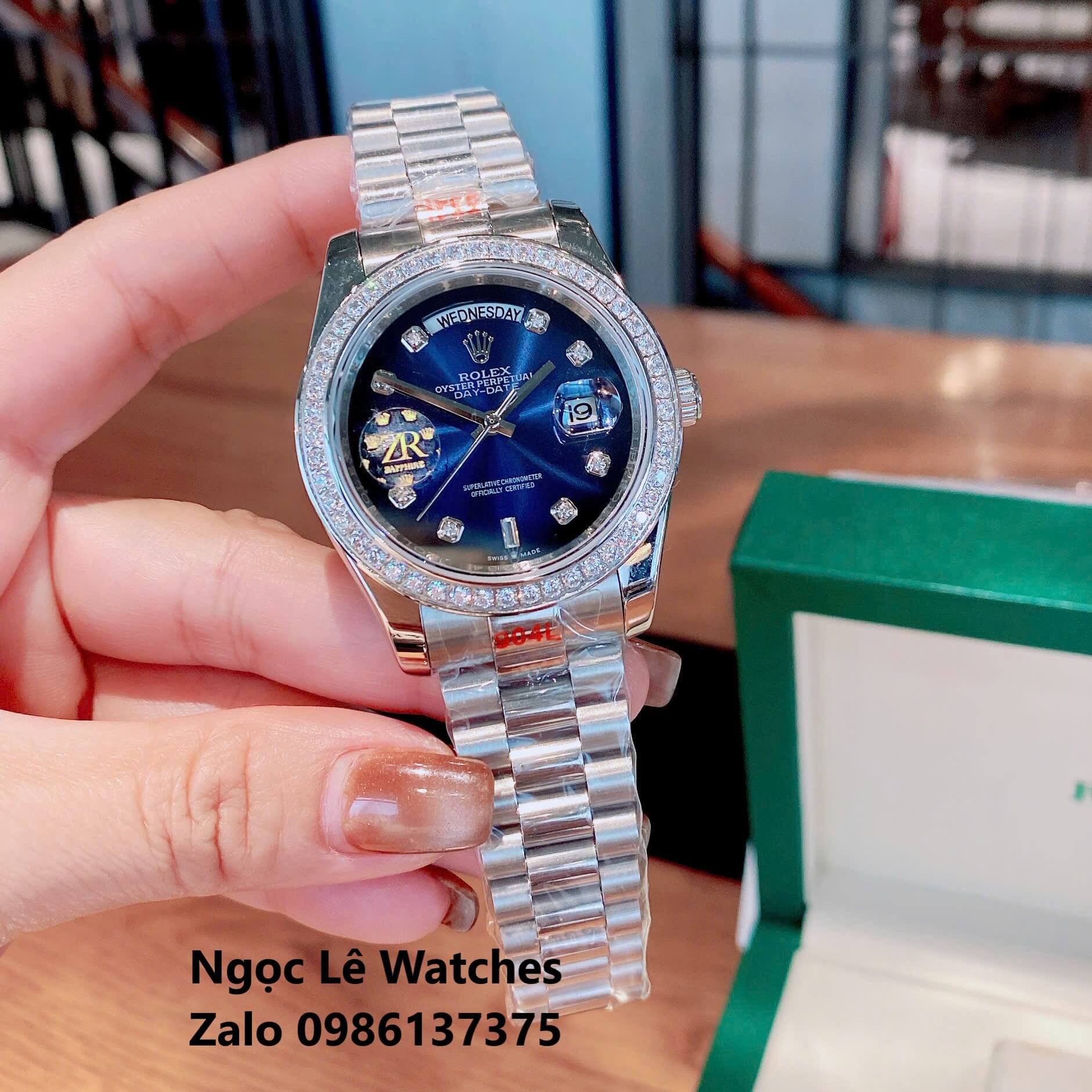 Đồng Hồ Nam Rolex Day-Date Tự Động Dây Kim Loại Silver Mặt Xanh Navy Omber Size 41mm Viền Đính Đá