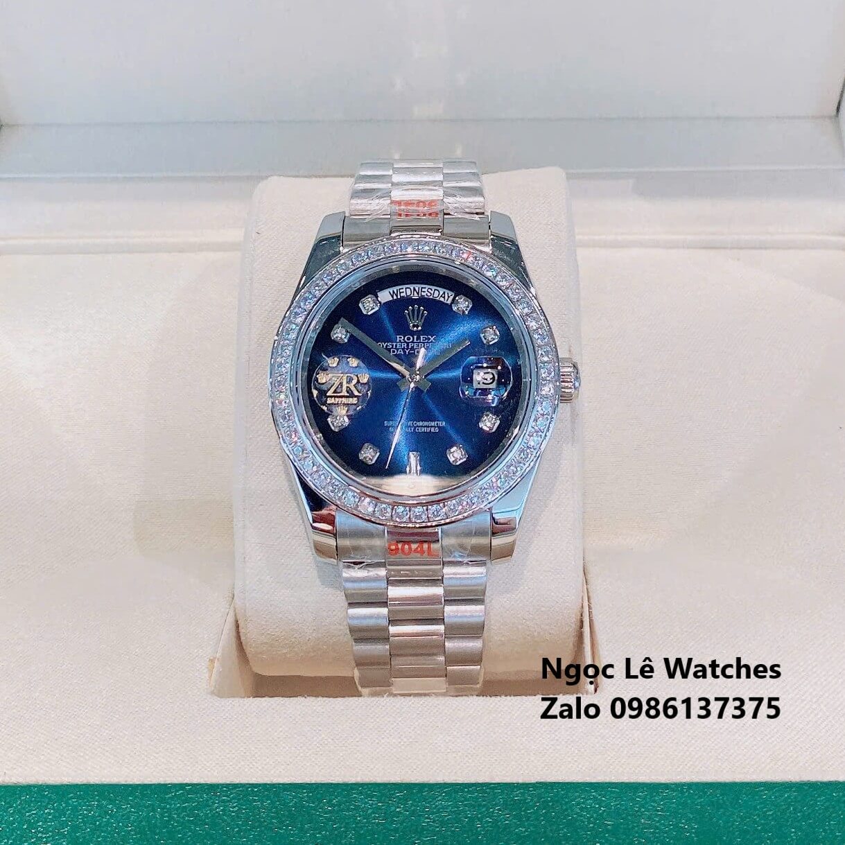 Đồng Hồ Nam Rolex Day-Date Tự Động Dây Kim Loại Silver Mặt Xanh Navy Omber Size 41mm Viền Đính Đá