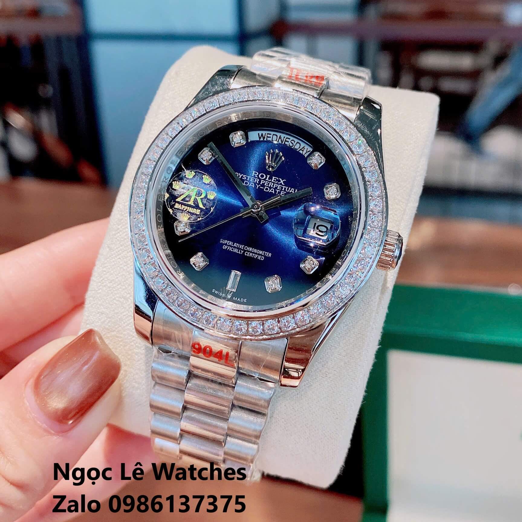Đồng Hồ Nam Rolex Day-Date Tự Động Dây Kim Loại Silver Mặt Xanh Navy Ombre Size 41mm Viền Đính Đá