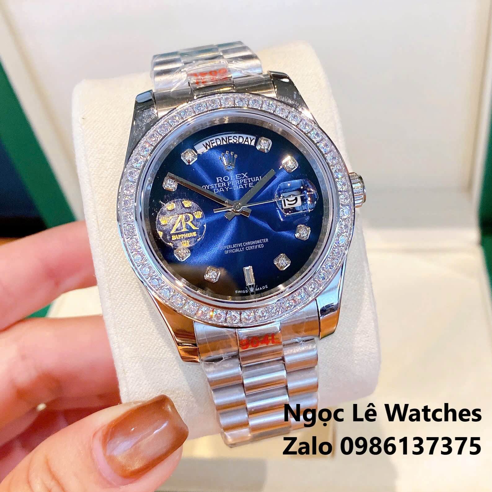 Đồng Hồ Nam Rolex Day-Date Tự Động Dây Kim Loại Silver Mặt Xanh Navy Omber Size 41mm Viền Đính Đá