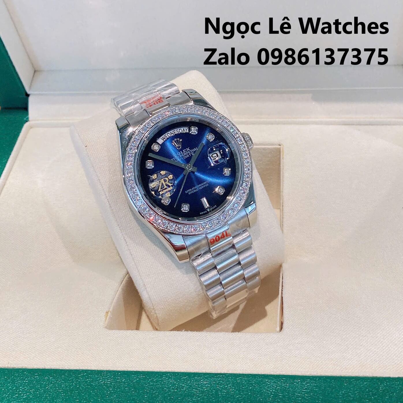 Đồng Hồ Nam Rolex Day-Date Tự Động Dây Kim Loại Silver Mặt Xanh Navy Omber Size 41mm Viền Đính Đá
