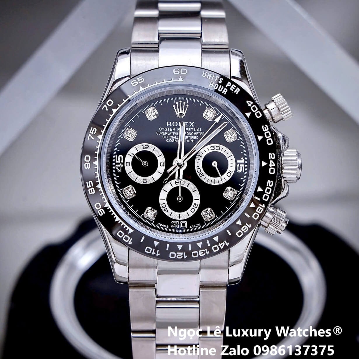 Đồng Hồ Nam Rolex Daytona Automatic Dây Kim Loại Silver Mặt Đen Viền Đen Size 40mm