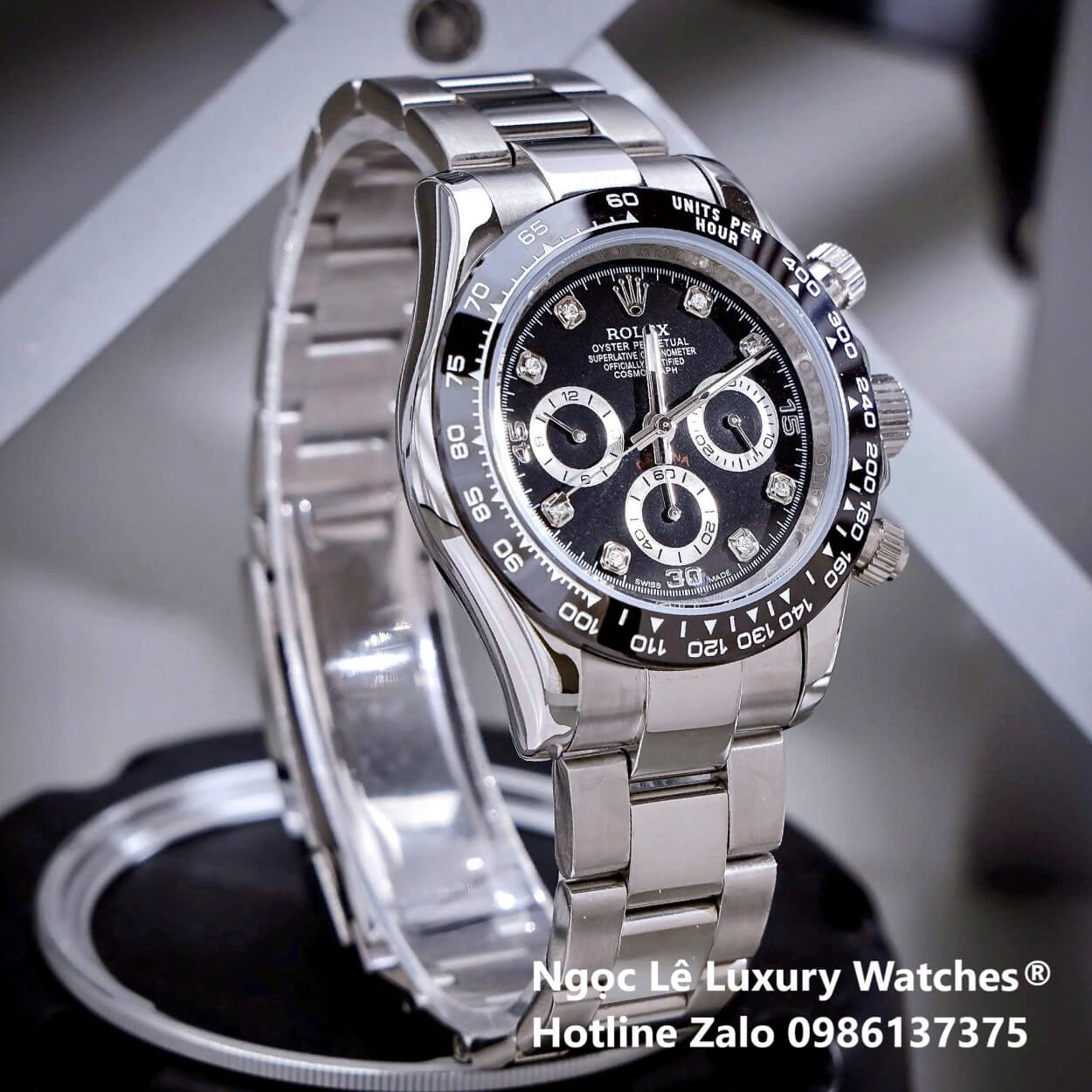 Đồng Hồ Nam Rolex Daytona Automatic Dây Kim Loại Silver Mặt Đen Viền Đen Size 40mm