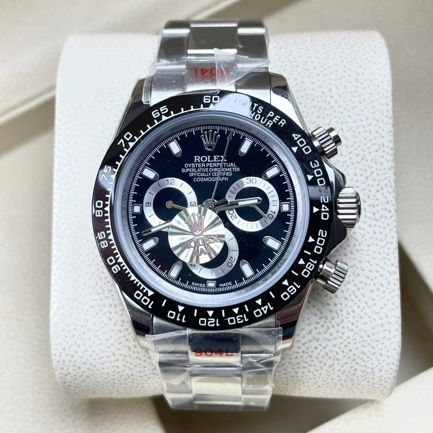 Đồng Hồ Nam Rolex Daytona Automatic Dây Kim Loại Silver Mặt Đen Viền Đen Size 40mm