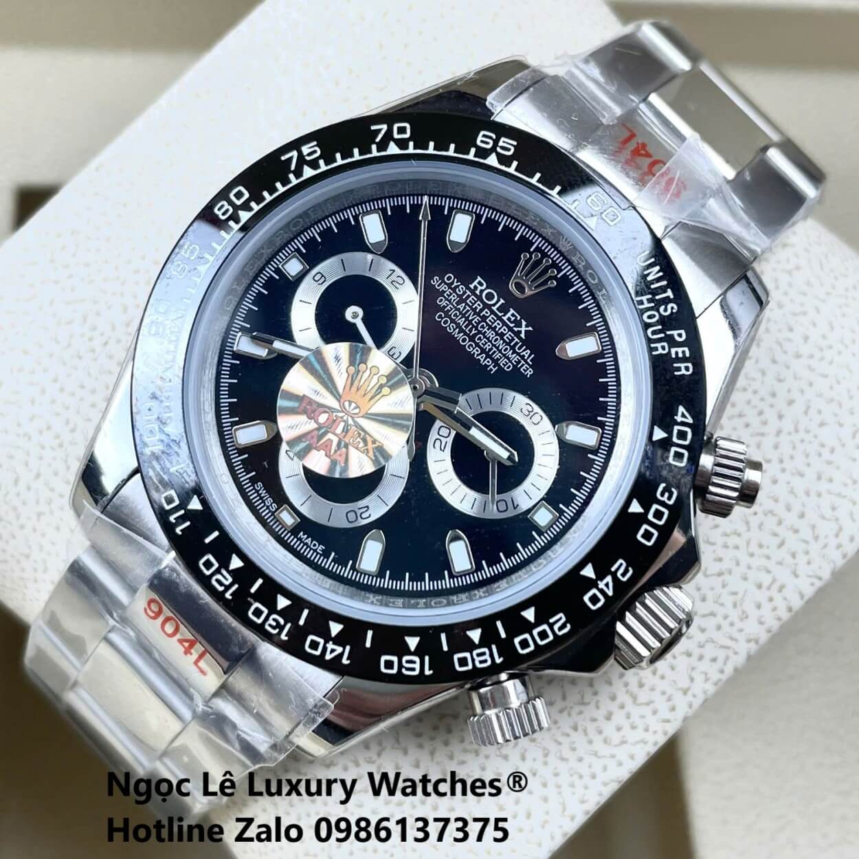 Đồng Hồ Nam Rolex Daytona Automatic Dây Kim Loại Silver Mặt Đen Viền Đen Size 40mm