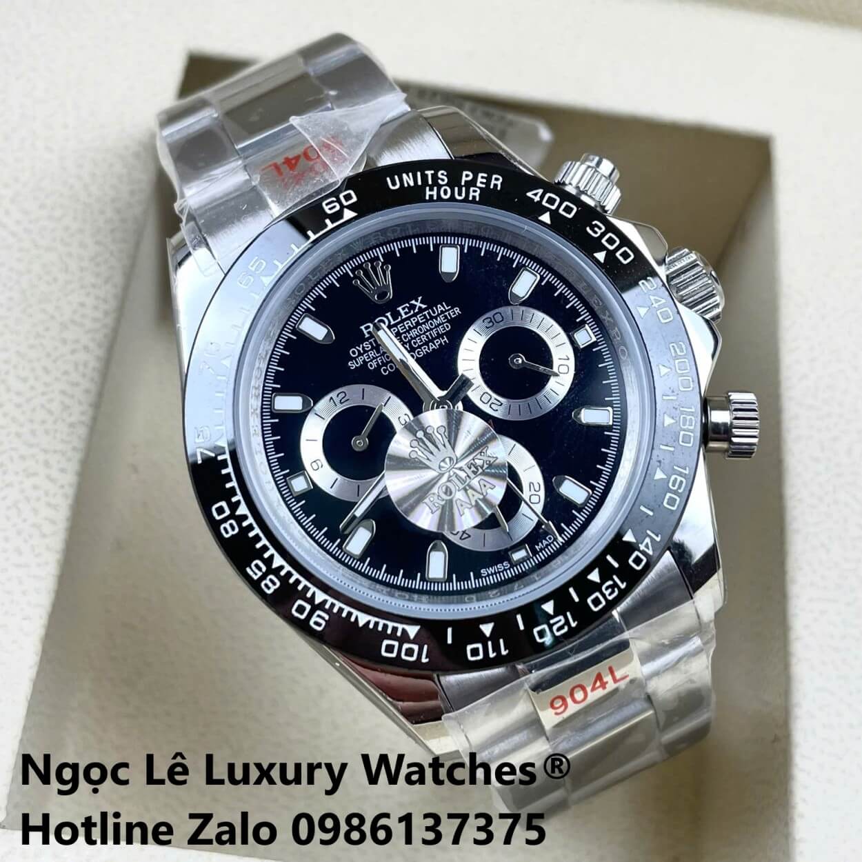 Đồng Hồ Nam Rolex Daytona Automatic Dây Kim Loại Silver Mặt Đen Viền Đen Size 40mm