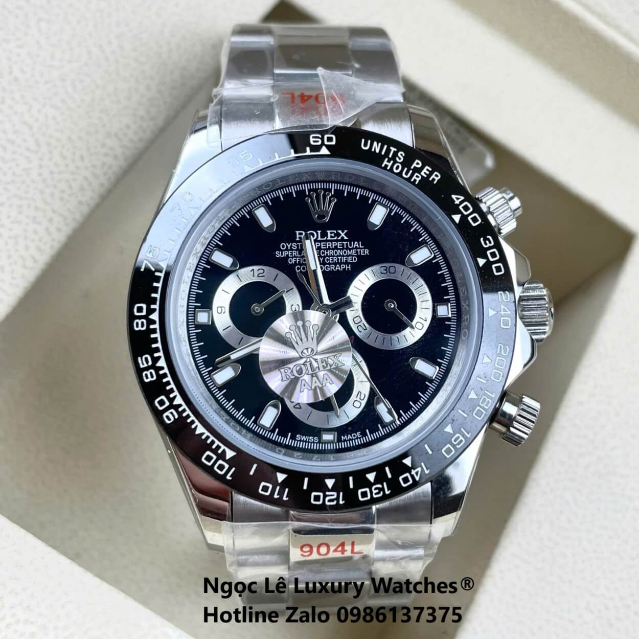 Đồng Hồ Nam Rolex Daytona Automatic Dây Kim Loại Silver Mặt Đen Viền Đen Size 40mm